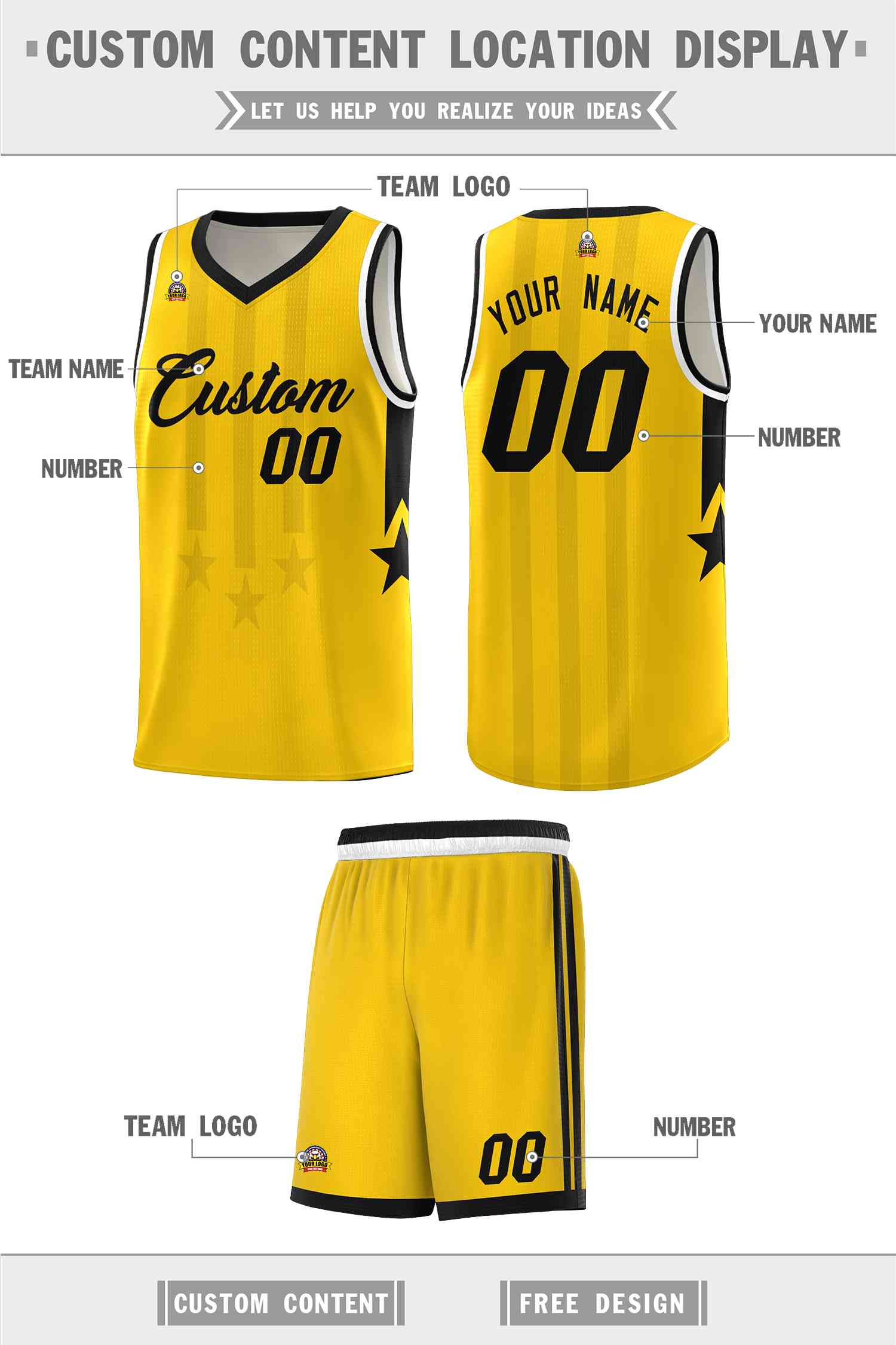 Custom Gold Black and White Gradient Star Graffiti Pattern Sports Uniform Basketball Jersey