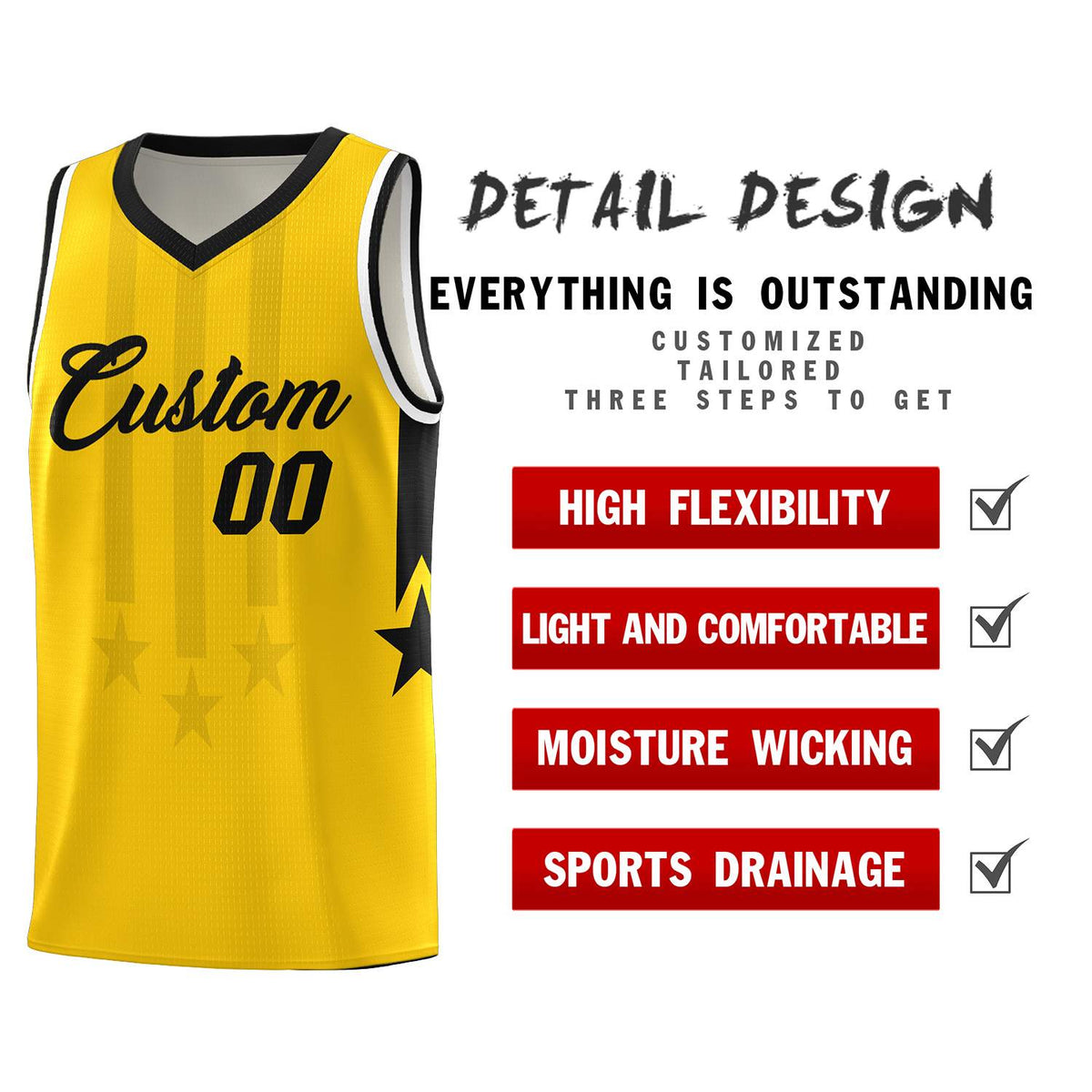 Custom Gold Black and White Gradient Star Graffiti Pattern Sports Uniform Basketball Jersey