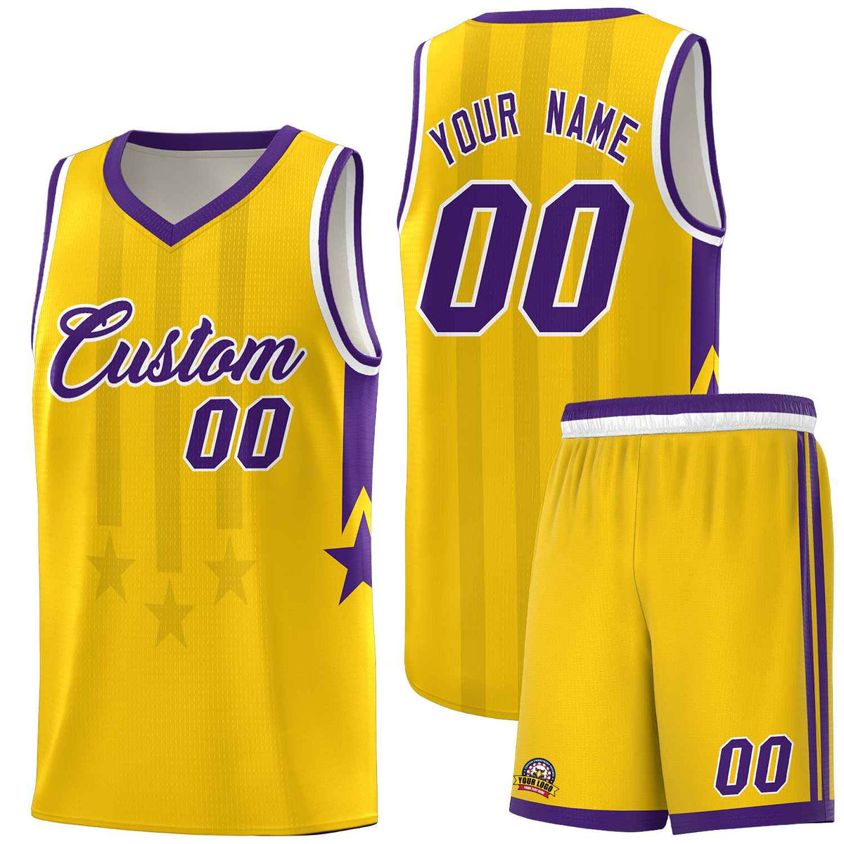 Custom Gold Purple and White Gradient Star Graffiti Pattern Sports Uniform Basketball Jersey