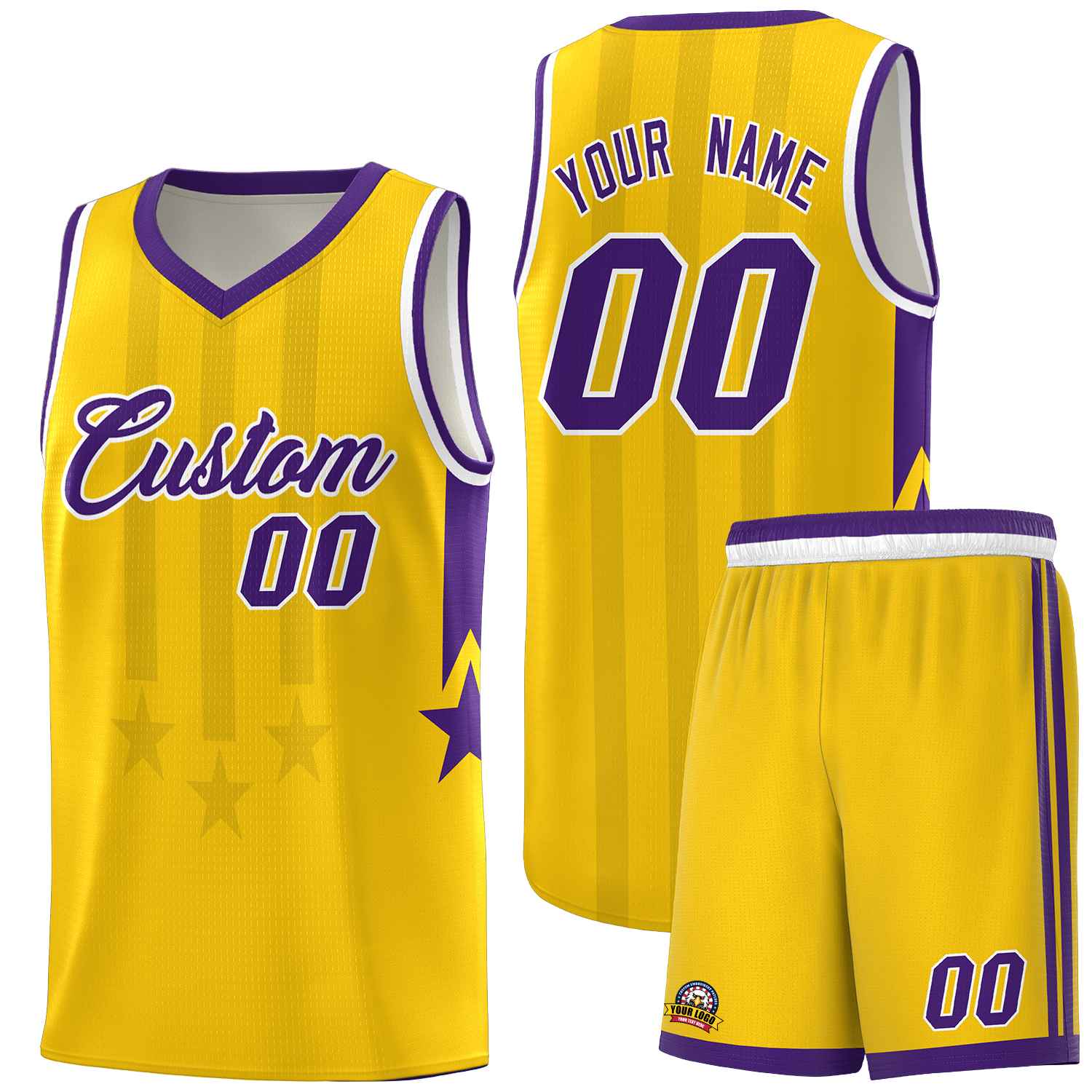 Custom Gold Purple and White Gradient Star Graffiti Pattern Sports Uniform Basketball Jersey