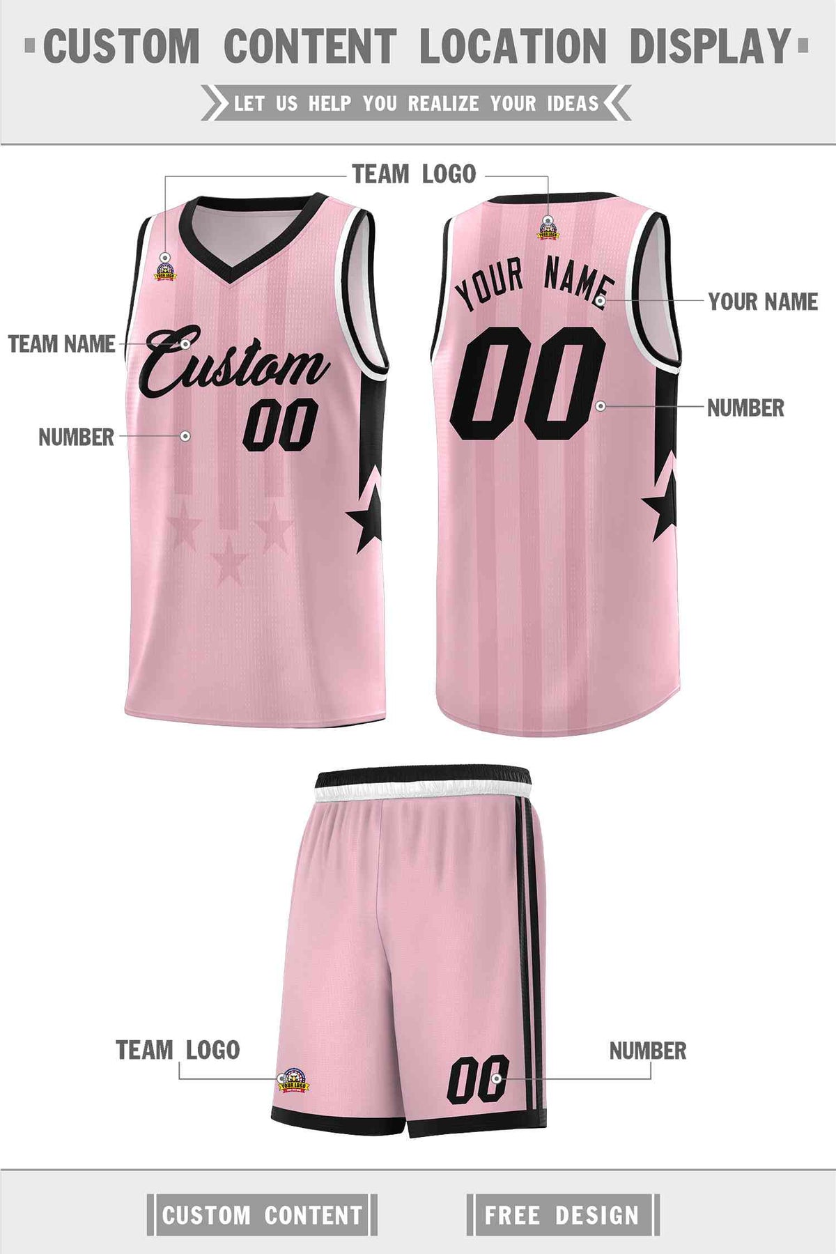 Custom Light Pink Black and White Gradient Star Graffiti Pattern Sports Uniform Basketball Jersey