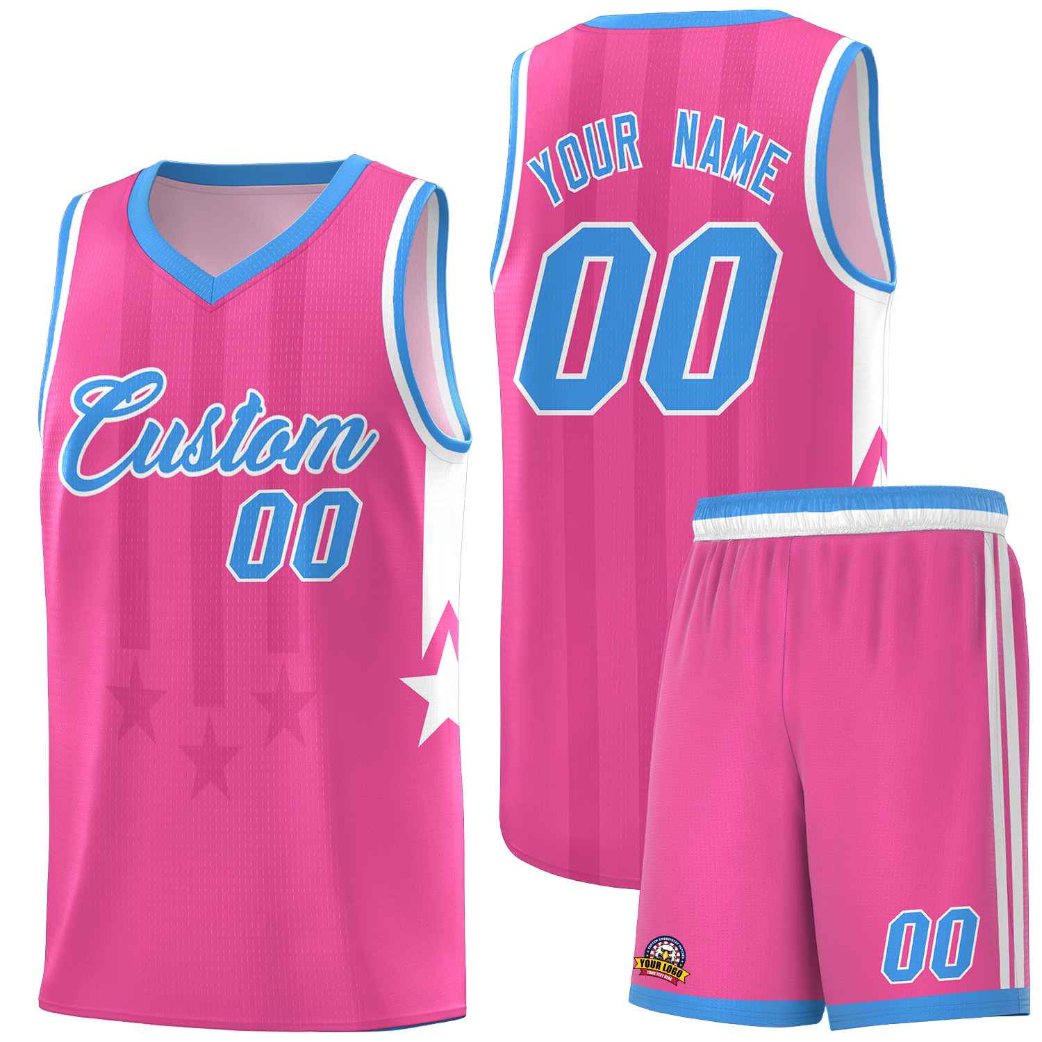 Custom Pink Powder Blue and White Gradient Star Graffiti Pattern Sports Uniform Basketball Jersey