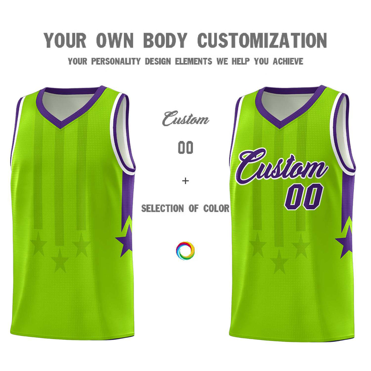 Custom Neon Green Purple and White Gradient Star Graffiti Pattern Sports Uniform Basketball Jersey