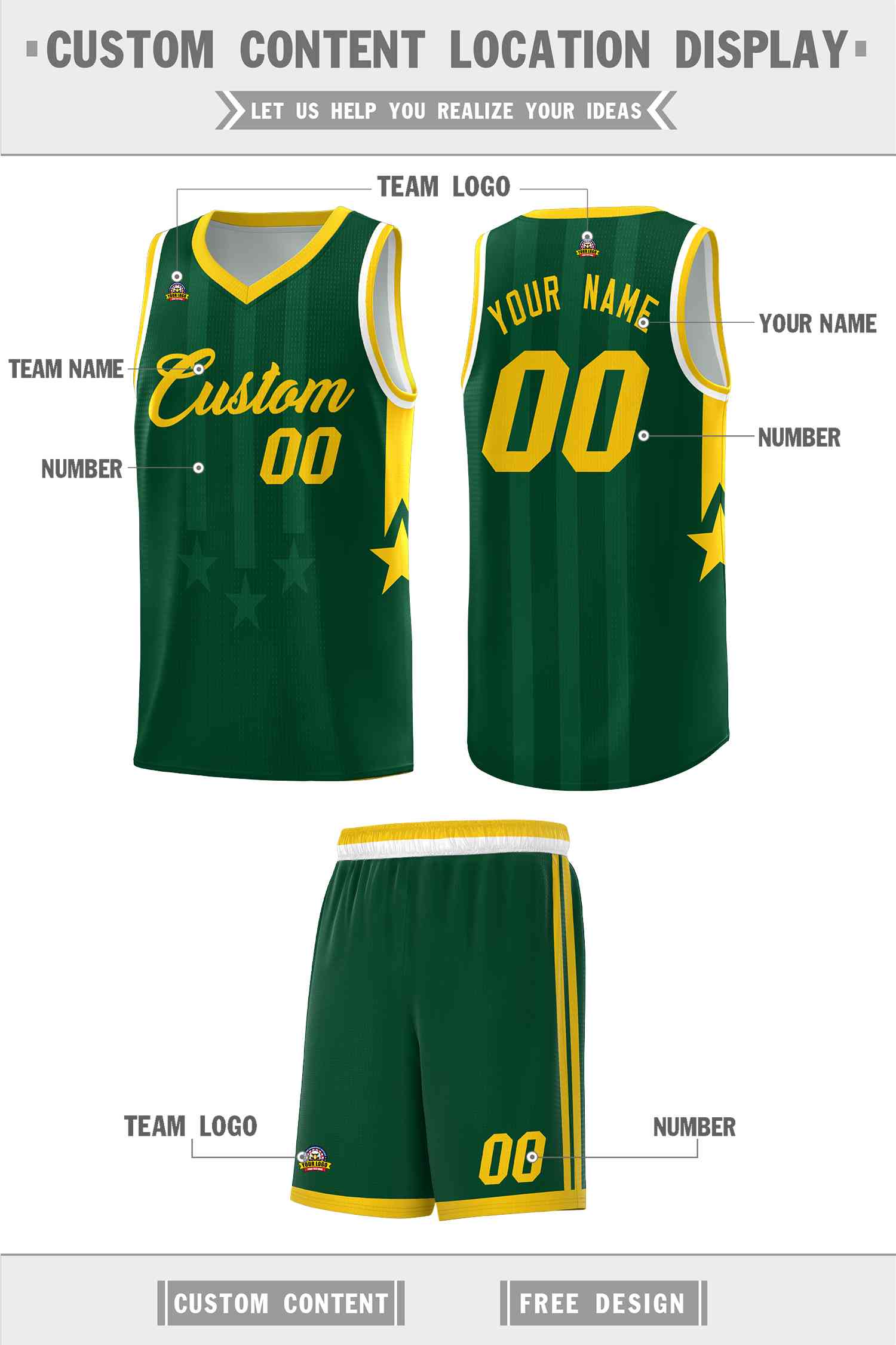 Custom Green Gold and White Gradient Star Graffiti Pattern Sports Uniform Basketball Jersey