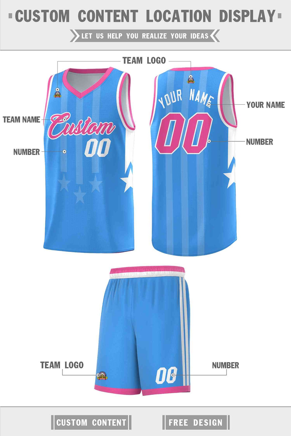 Custom Powder Blue Pink and White Gradient Star Graffiti Pattern Sports Uniform Basketball Jersey