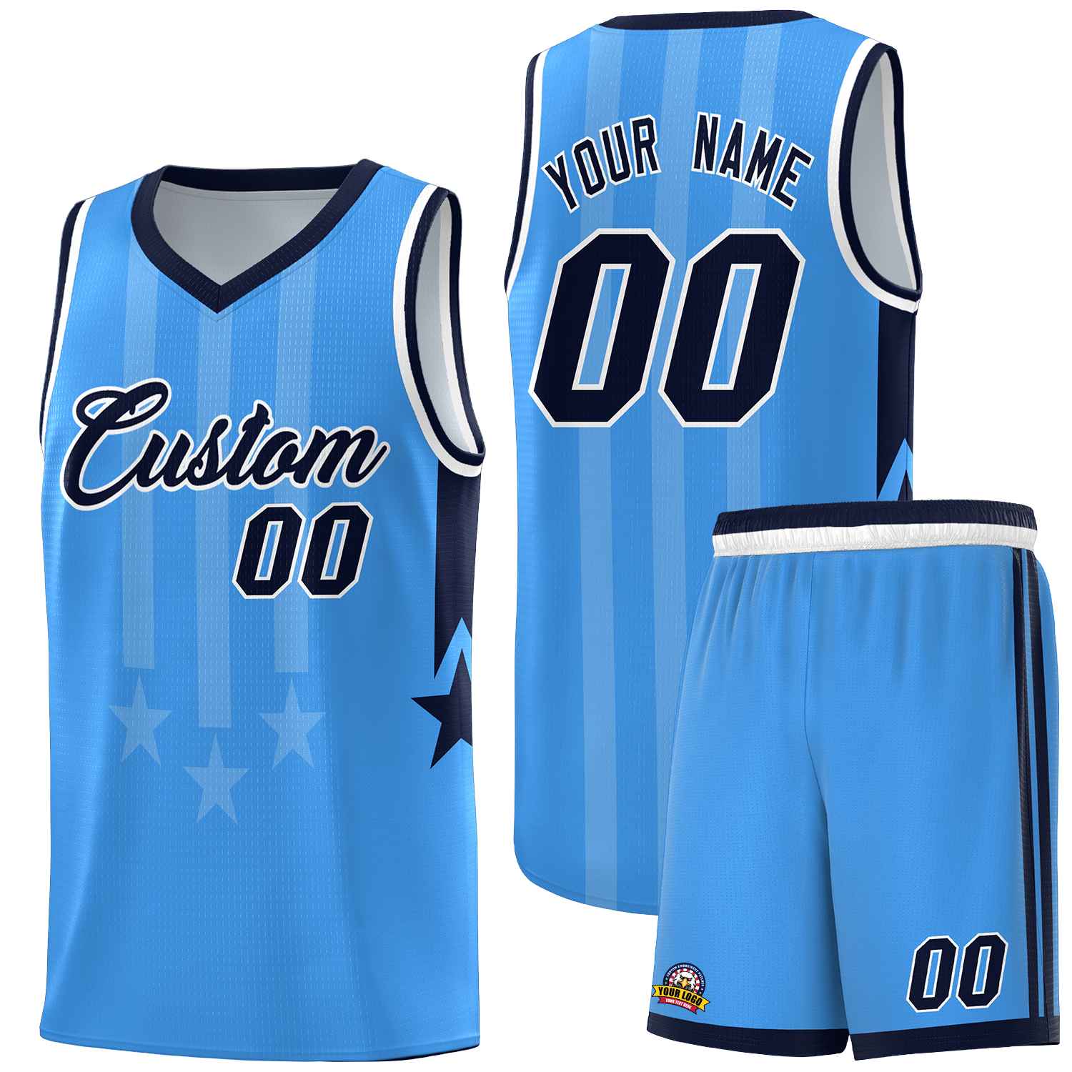 Custom Powder Blue Navy and White Gradient Star Graffiti Pattern Sports Uniform Basketball Jersey