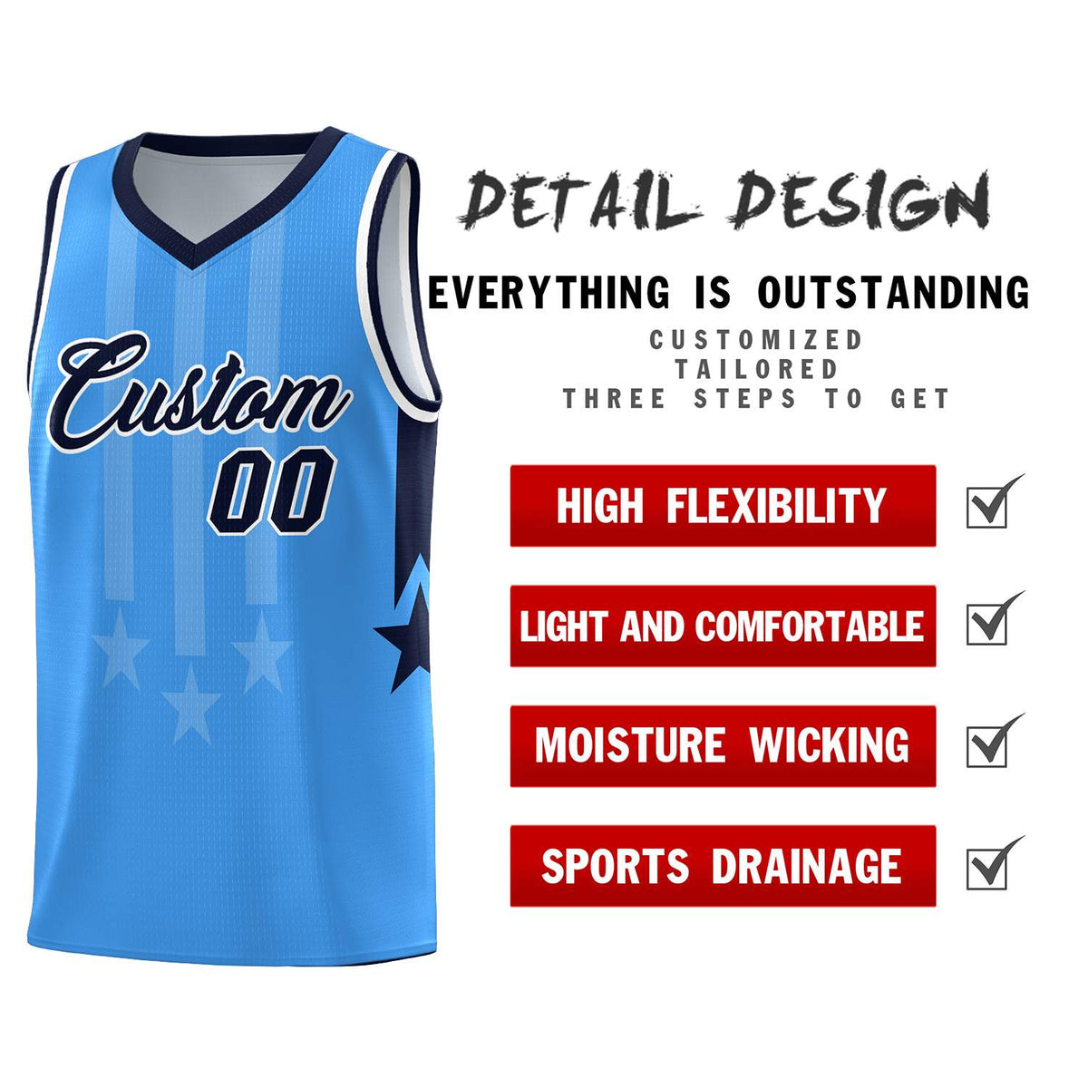 Custom Powder Blue Navy and White Gradient Star Graffiti Pattern Sports Uniform Basketball Jersey