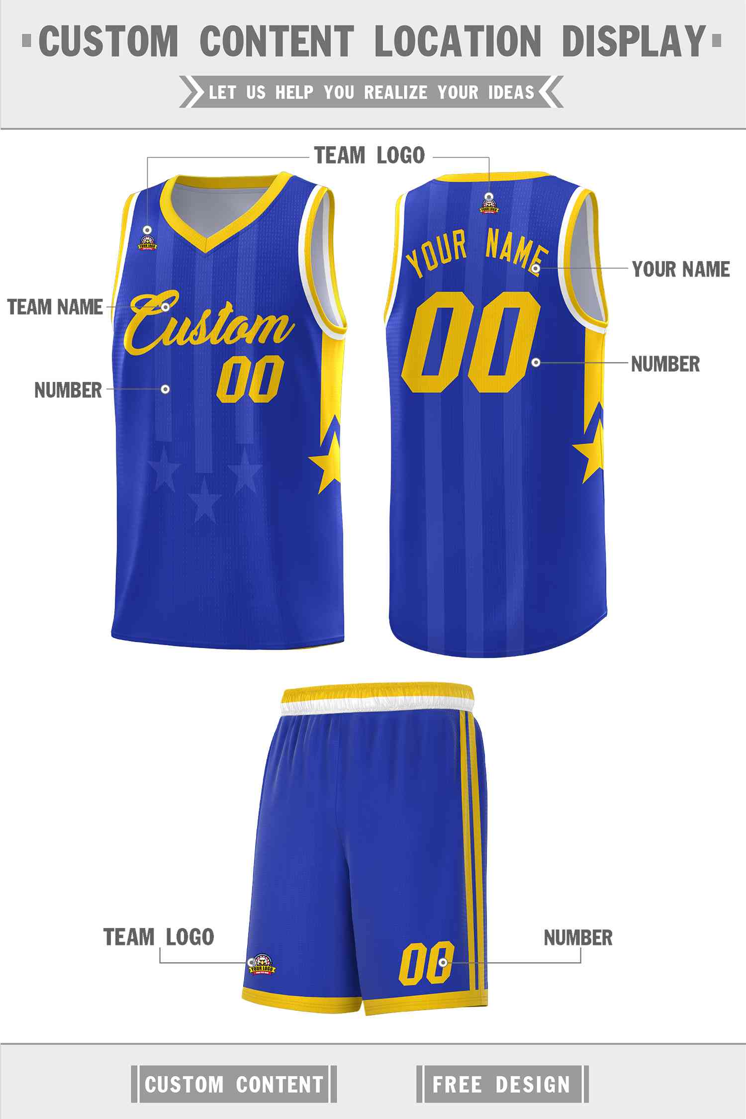 Custom Royal Gold and White Gradient Star Graffiti Pattern Sports Uniform Basketball Jersey