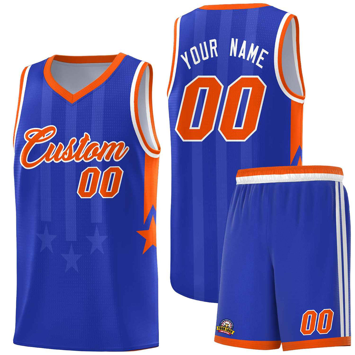 Custom Royal Orange and White Gradient Star Graffiti Pattern Sports Uniform Basketball Jersey