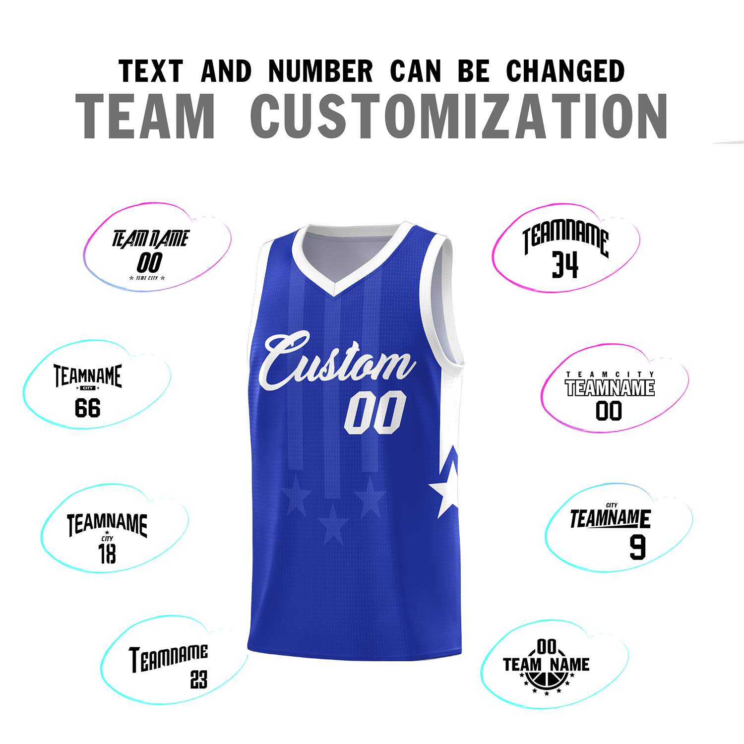 Custom Royal White and White Gradient Star Graffiti Pattern Sports Uniform Basketball Jersey