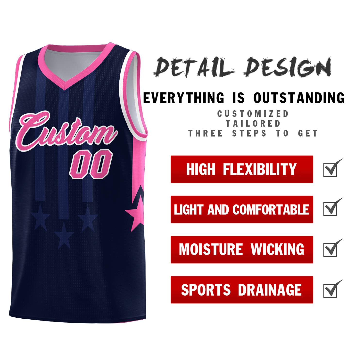 Custom Navy Pink and White Gradient Star Graffiti Pattern Sports Uniform Basketball Jersey