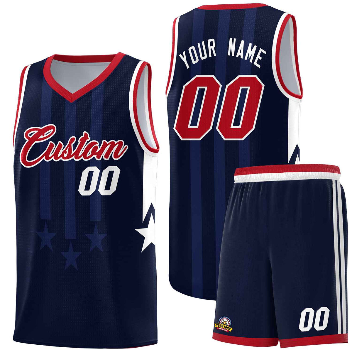 Custom Navy Red and White Gradient Star Graffiti Pattern Sports Uniform Basketball Jersey