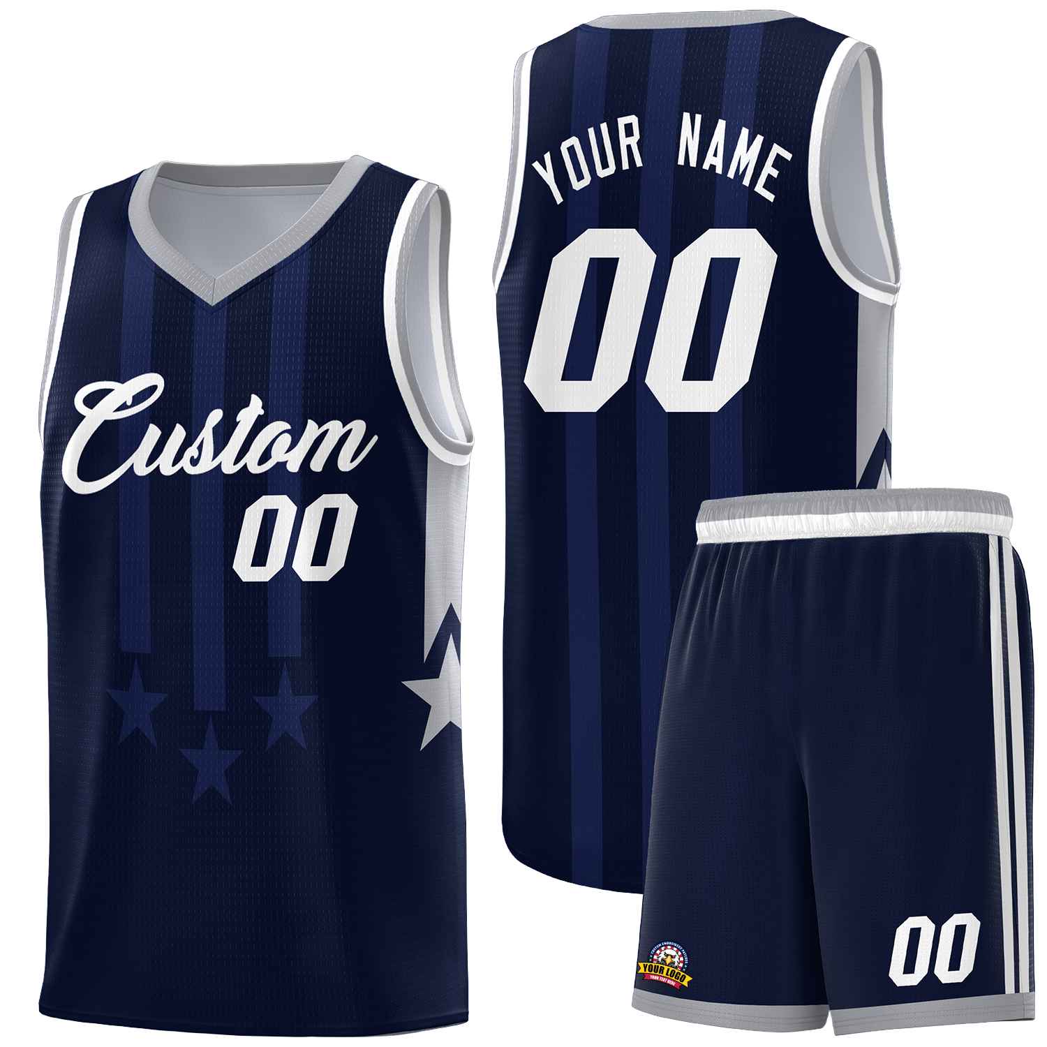 Custom Navy Gray and White Gradient Star Graffiti Pattern Sports Uniform Basketball Jersey