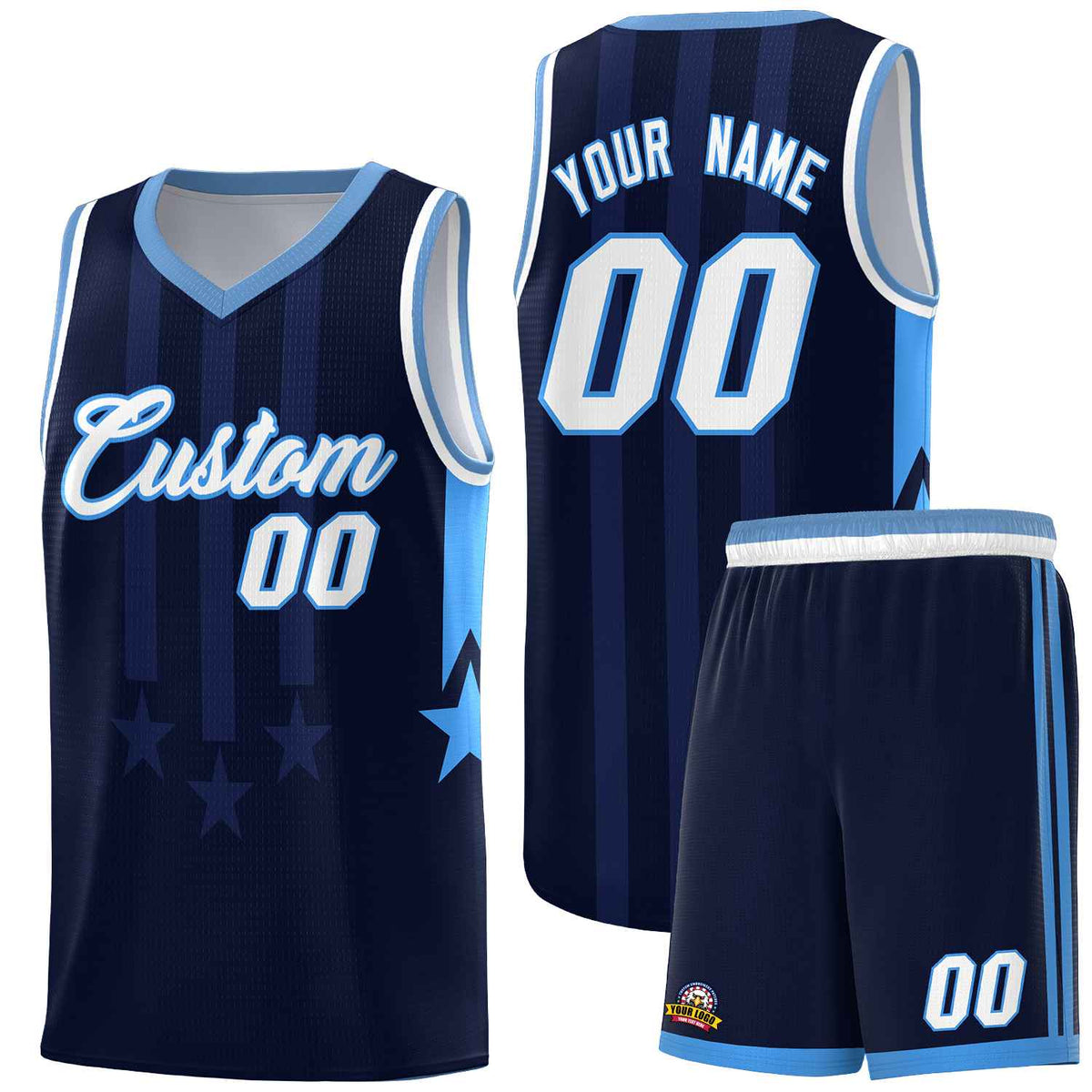 Custom Navy Light Blue and White Gradient Star Graffiti Pattern Sports Uniform Basketball Jersey