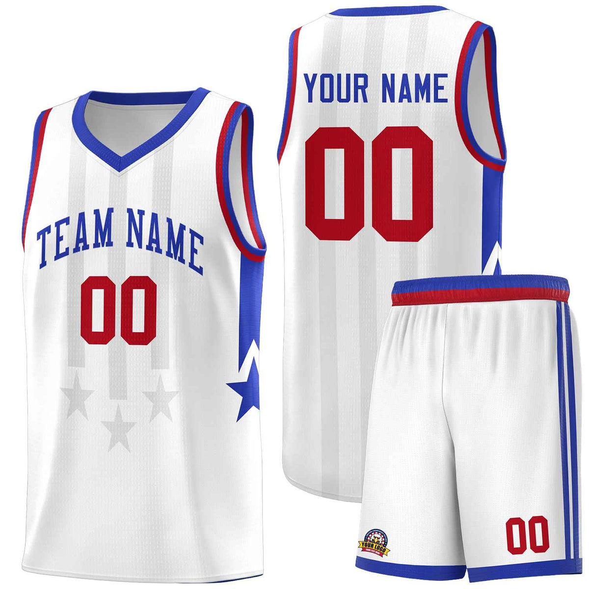 Custom White Royal and Red Gradient Star Graffiti Pattern Sports Uniform Basketball Jersey
