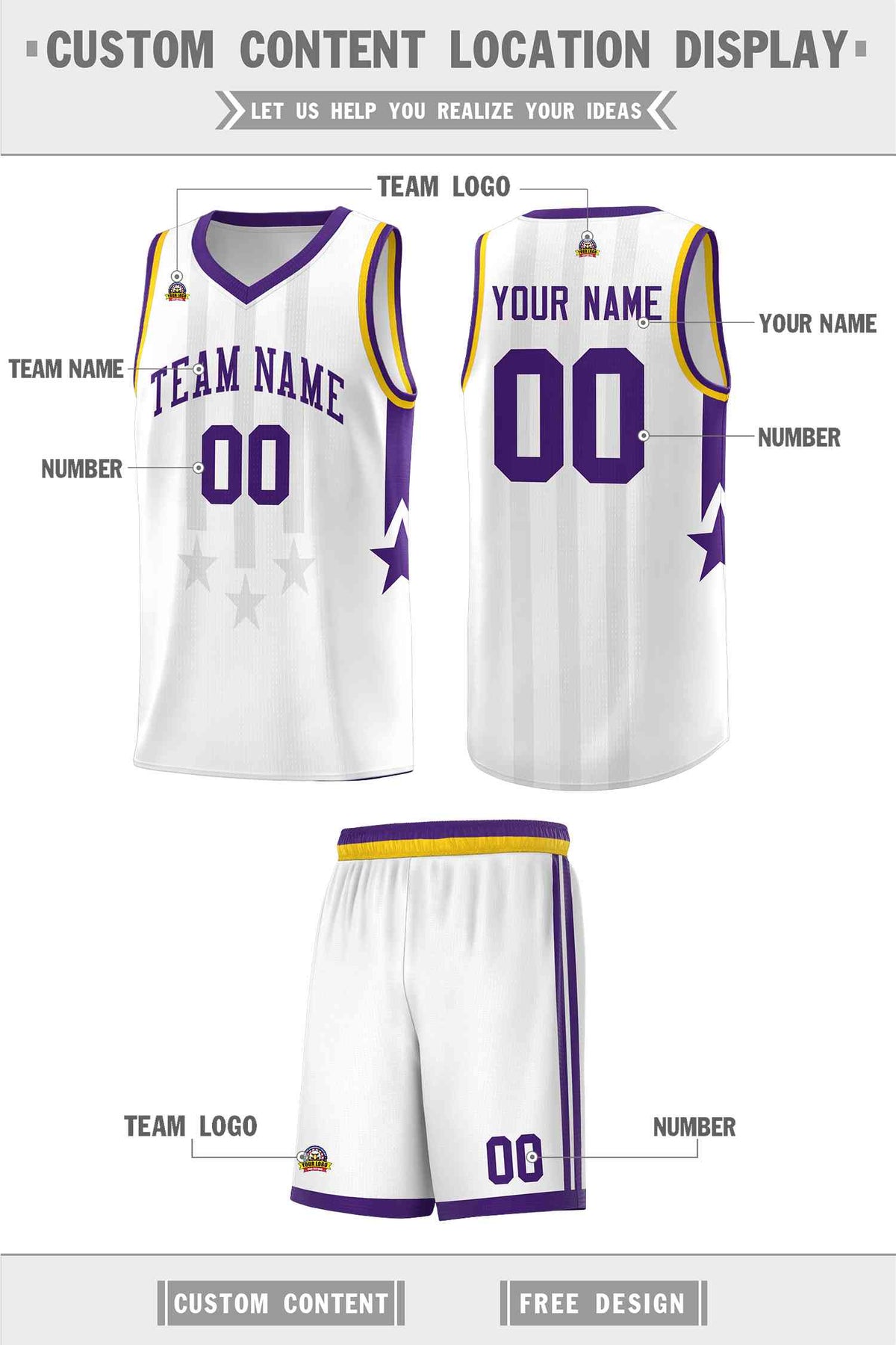 Custom White Purple and Gold Gradient Star Graffiti Pattern Sports Uniform Basketball Jersey