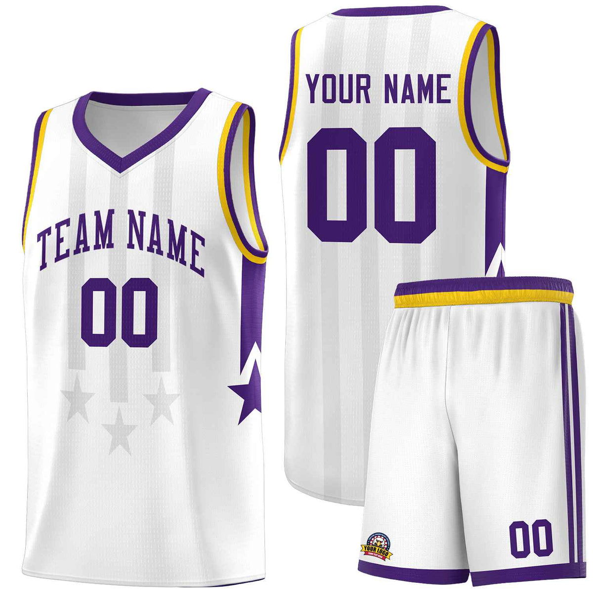 Custom White Purple and Gold Gradient Star Graffiti Pattern Sports Uniform Basketball Jersey