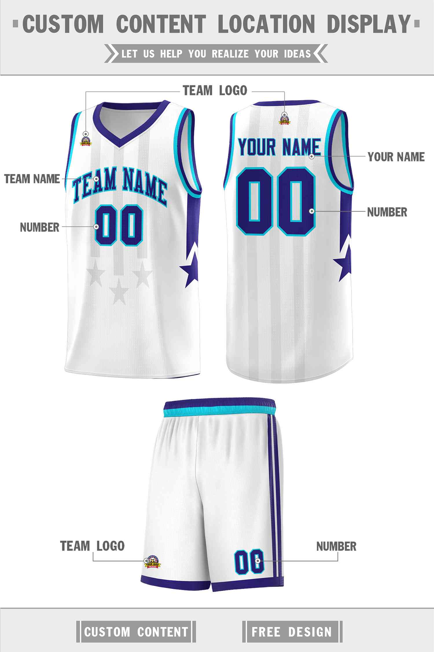 Custom White Purple and Sky Blue Gradient Star Graffiti Pattern Sports Uniform Basketball Jersey