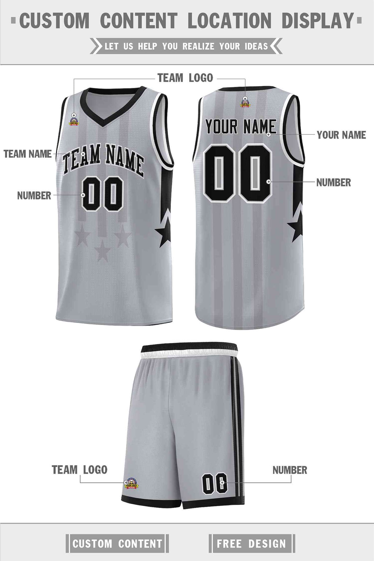 Custom Gray Black and White Gradient Star Graffiti Pattern Sports Uniform Basketball Jersey