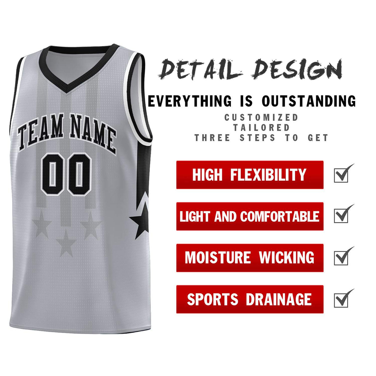 Custom Gray Black and White Gradient Star Graffiti Pattern Sports Uniform Basketball Jersey