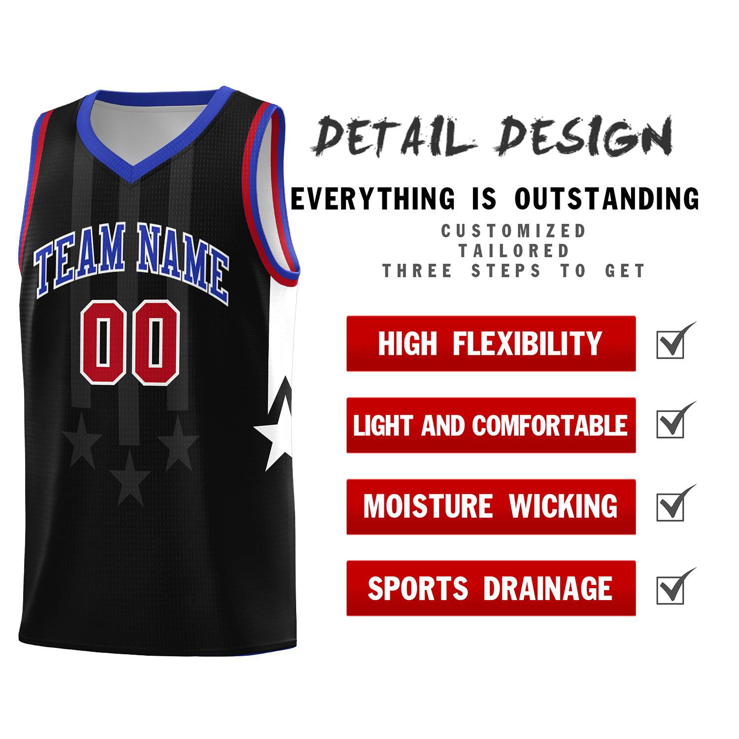 Custom Black Royal and Red Gradient Star Graffiti Pattern Sports Uniform Basketball Jersey