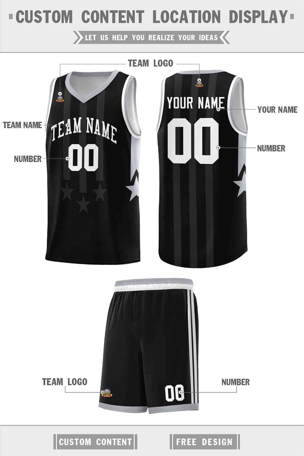 Custom Black Gray and White Gradient Star Graffiti Pattern Sports Uniform Basketball Jersey