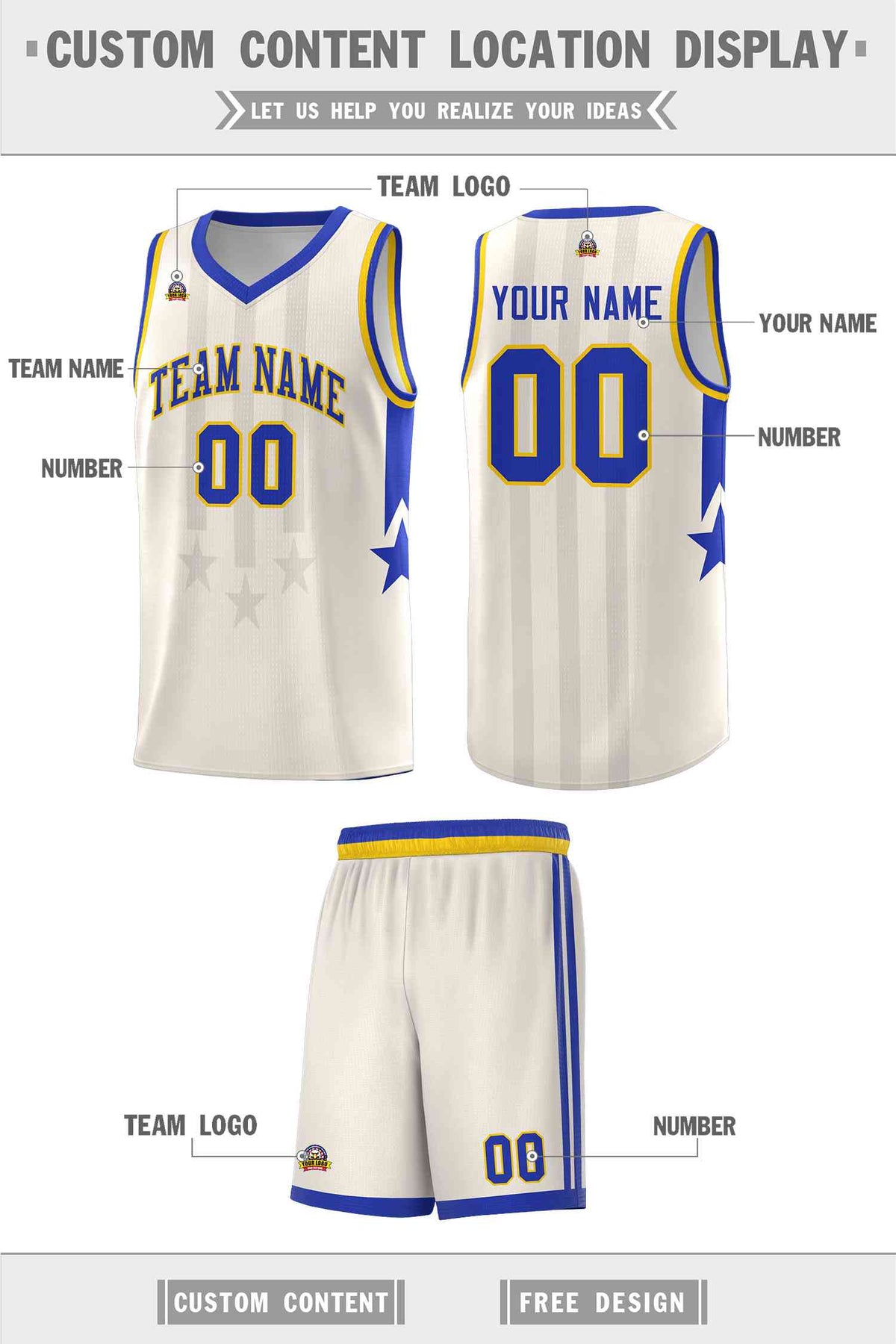 Custom Cream Royal and Gold Gradient Star Graffiti Pattern Sports Uniform Basketball Jersey