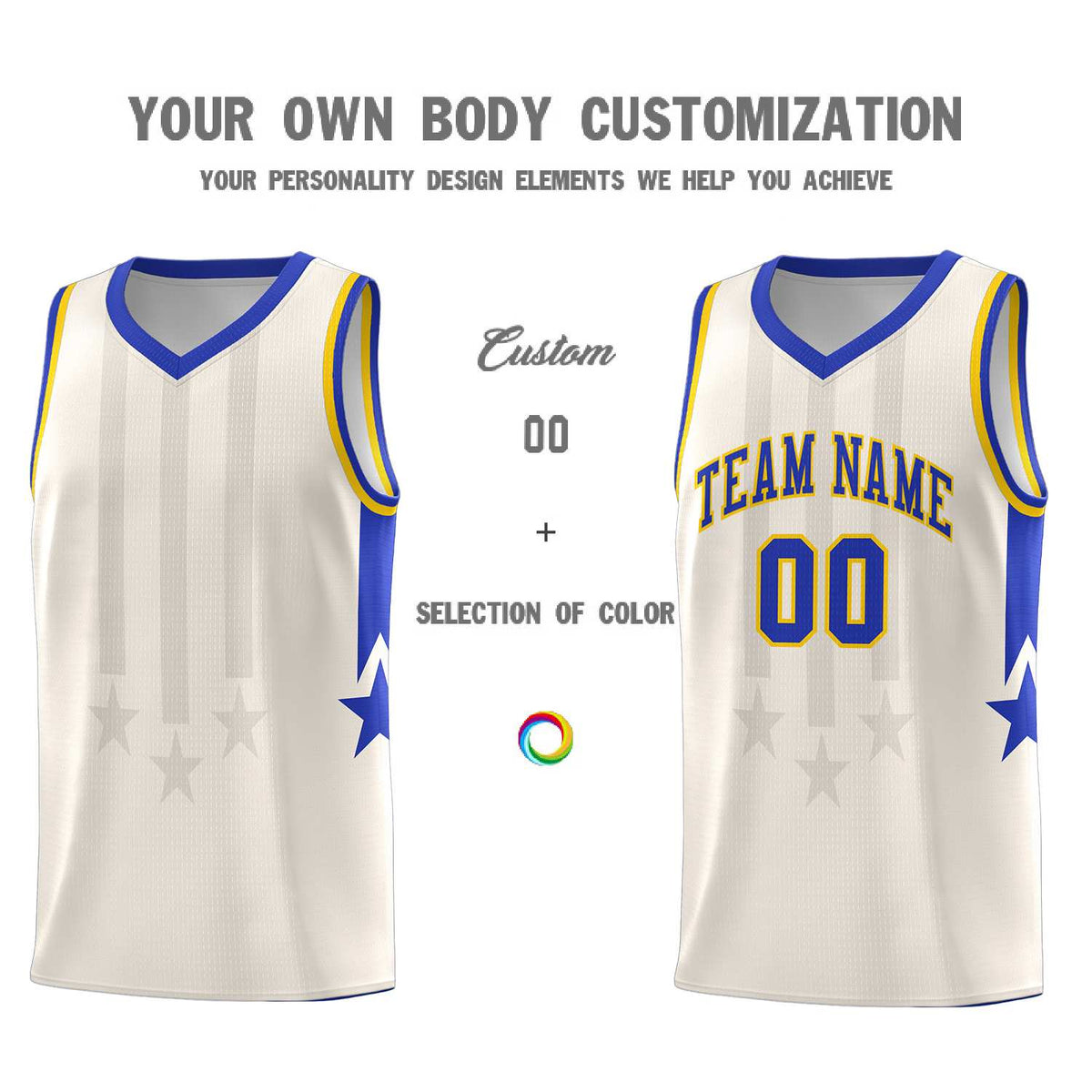 Custom Cream Royal and Gold Gradient Star Graffiti Pattern Sports Uniform Basketball Jersey