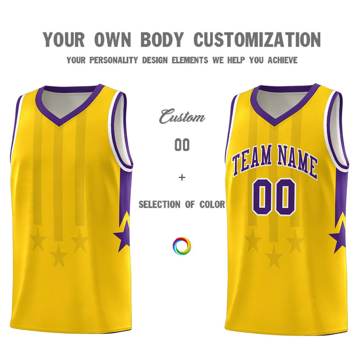 Custom Gold Purple and White Gradient Star Graffiti Pattern Sports Uniform Basketball Jersey