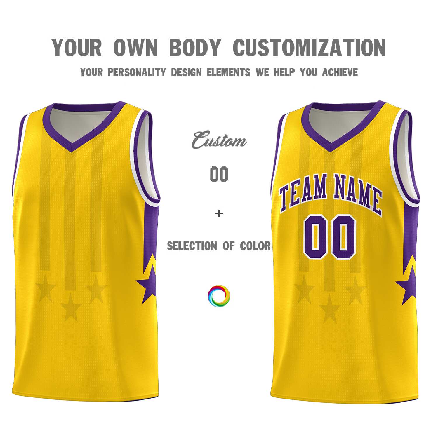 Custom Gold Purple and White Gradient Star Graffiti Pattern Sports Uniform Basketball Jersey