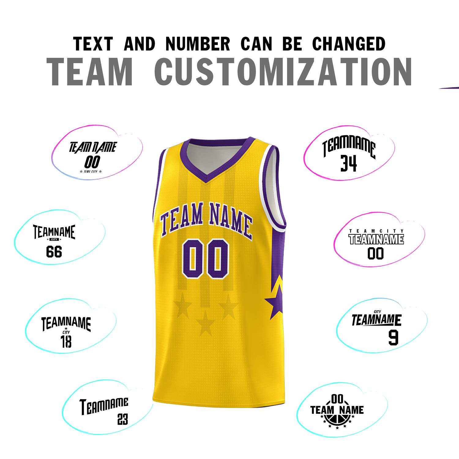 Custom Gold Purple and White Gradient Star Graffiti Pattern Sports Uniform Basketball Jersey