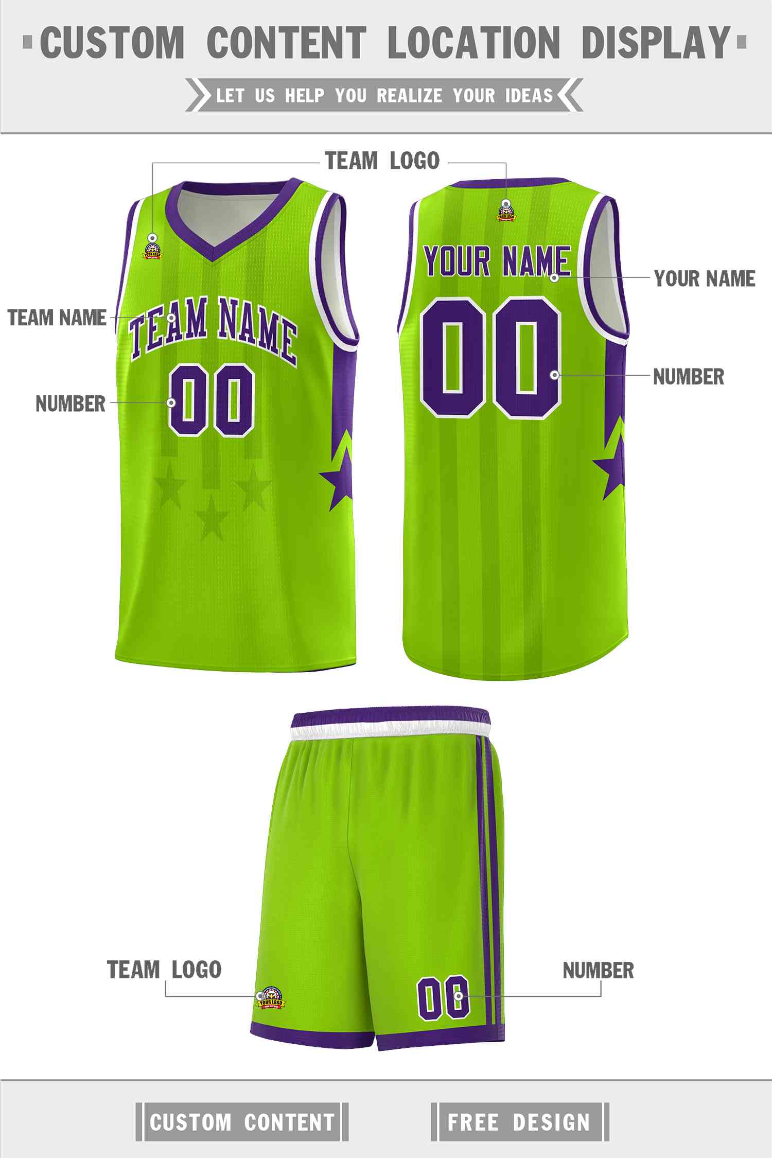 Custom Neon Green Purple and White Gradient Star Graffiti Pattern Sports Uniform Basketball Jersey