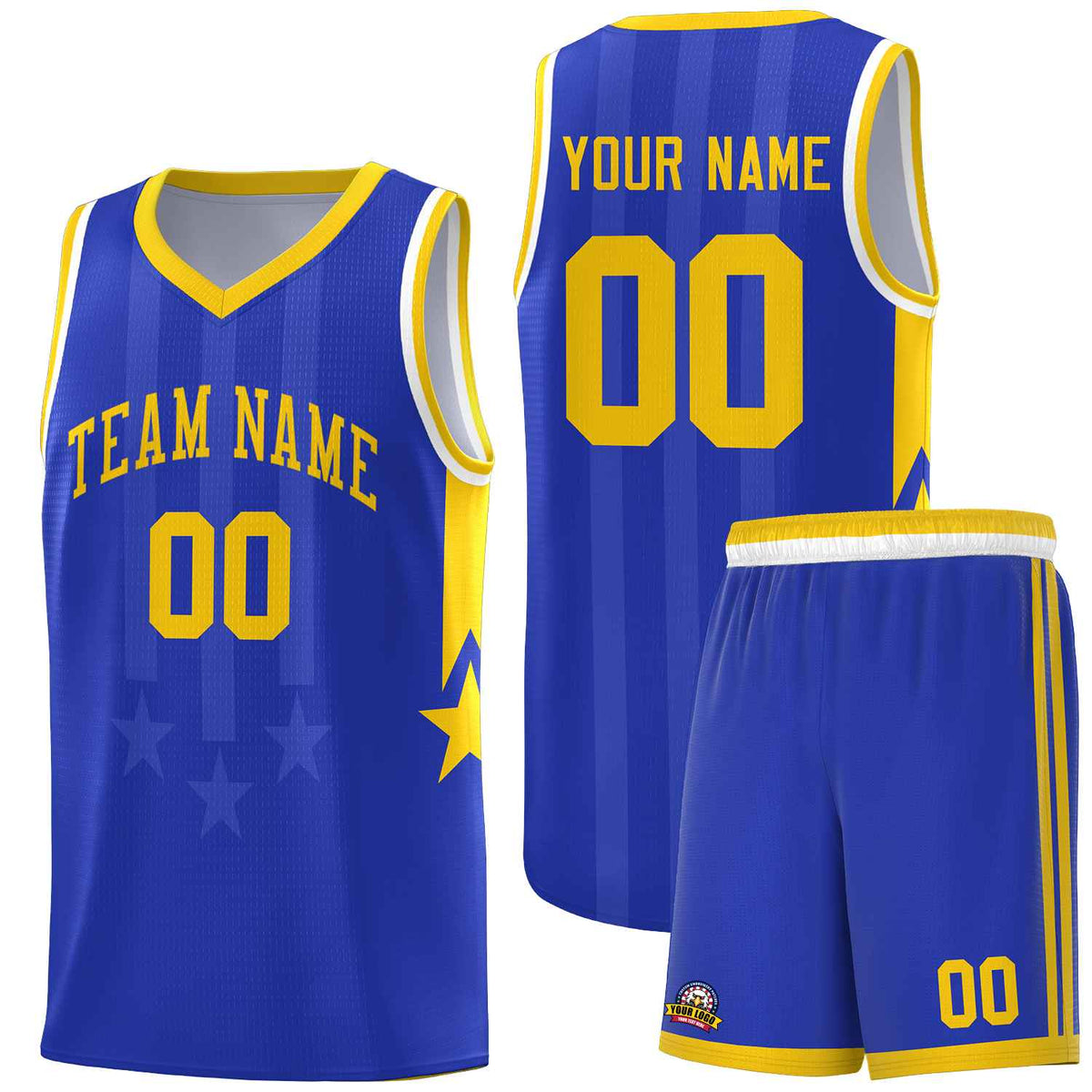 Custom Royal Gold and White Gradient Star Graffiti Pattern Sports Uniform Basketball Jersey