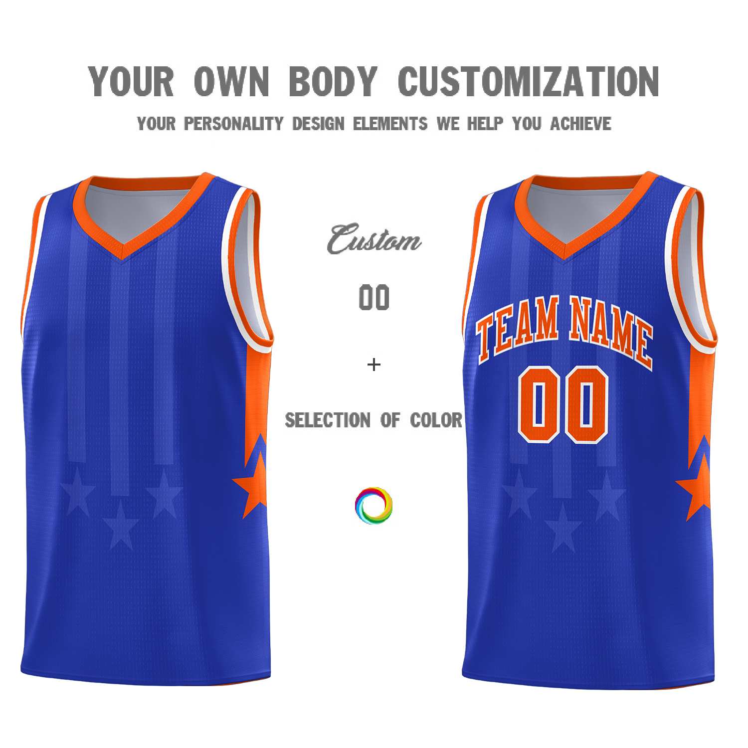 Custom Royal Orange and White Gradient Star Graffiti Pattern Sports Uniform Basketball Jersey