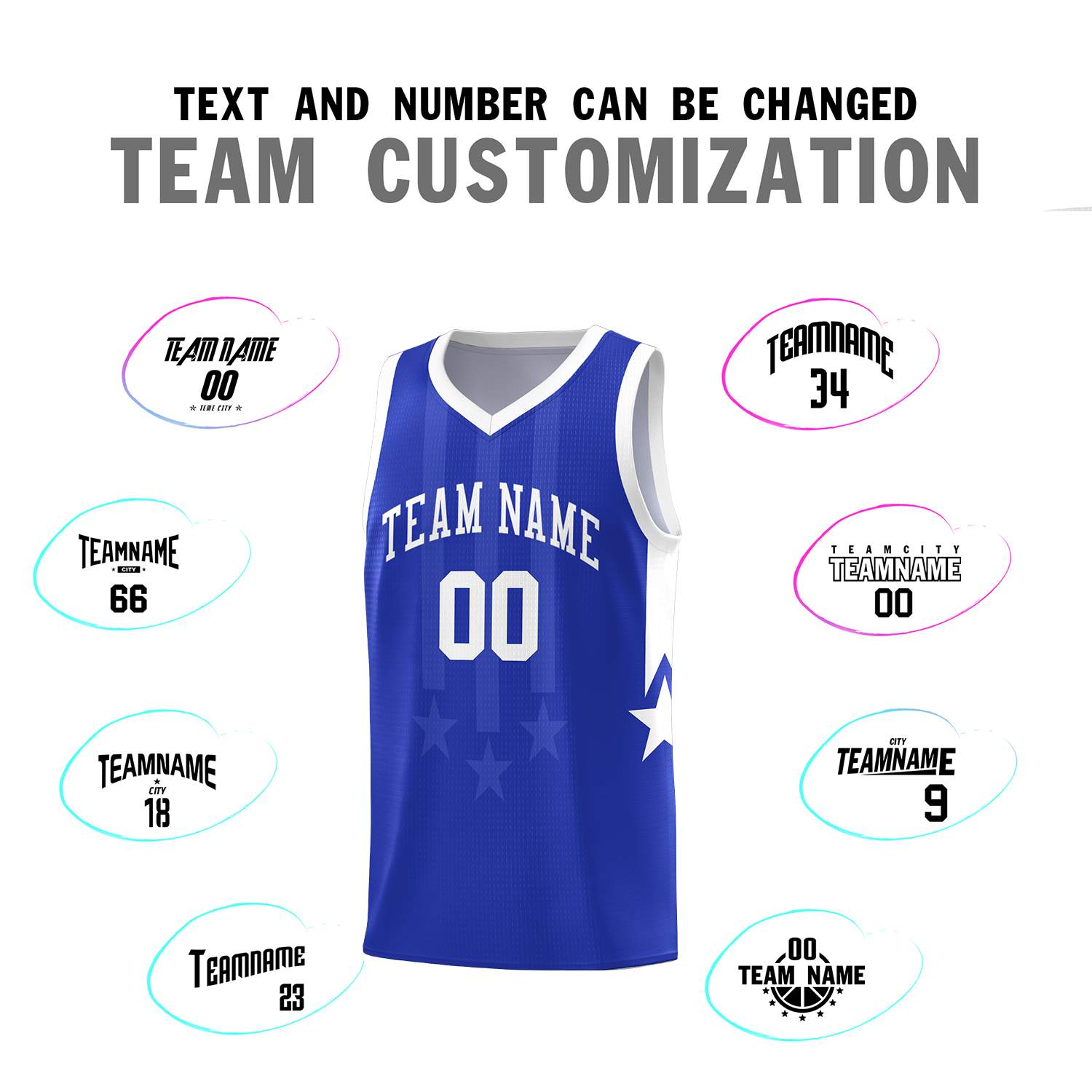 Custom Royal White and White Gradient Star Graffiti Pattern Sports Uniform Basketball Jersey