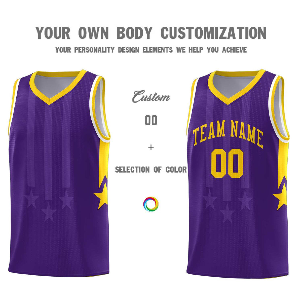 Custom Purple Gold and White Gradient Star Graffiti Pattern Sports Uniform Basketball Jersey