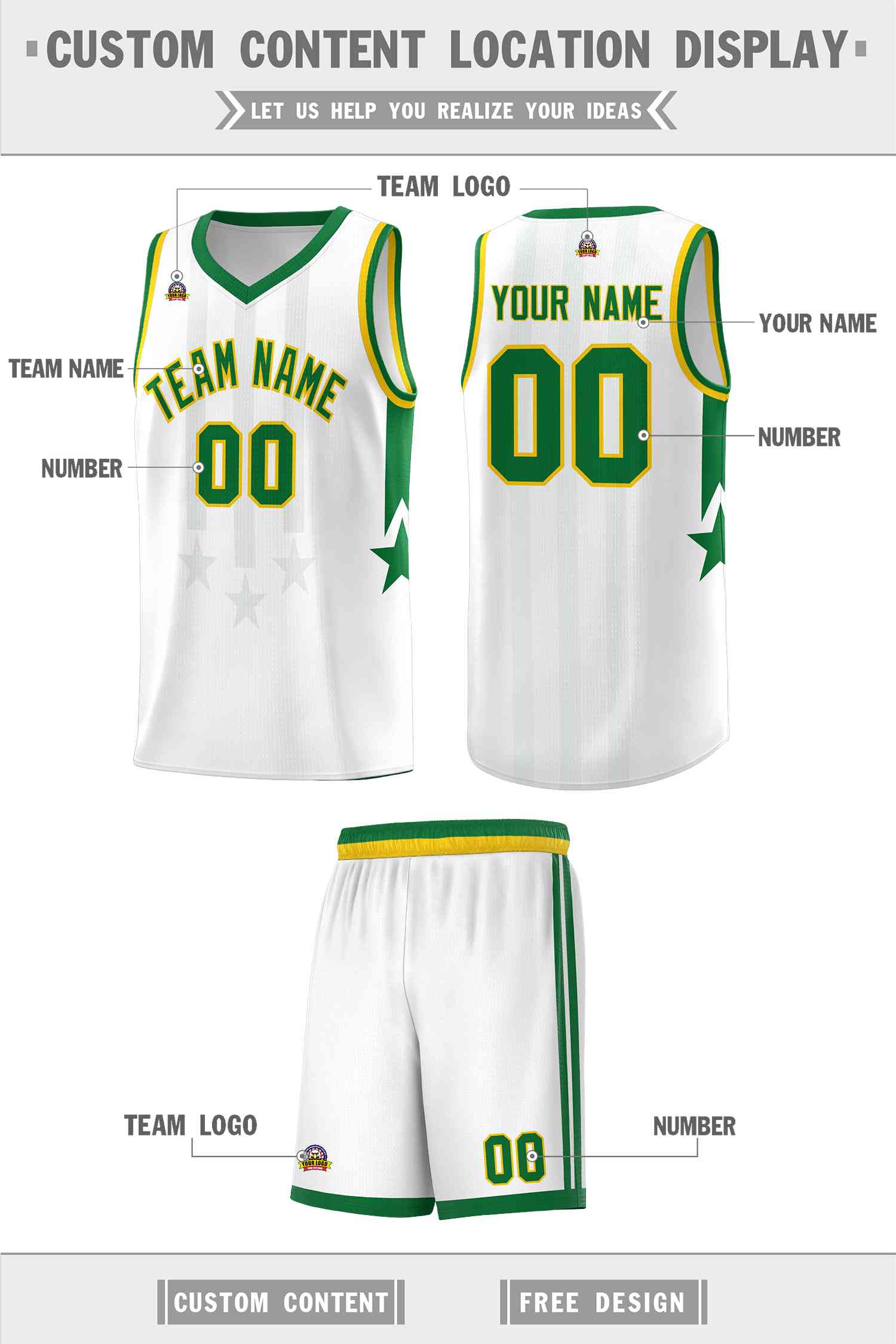 Custom White Kelly Green and Gold Gradient Star Graffiti Pattern Sports Uniform Basketball Jersey