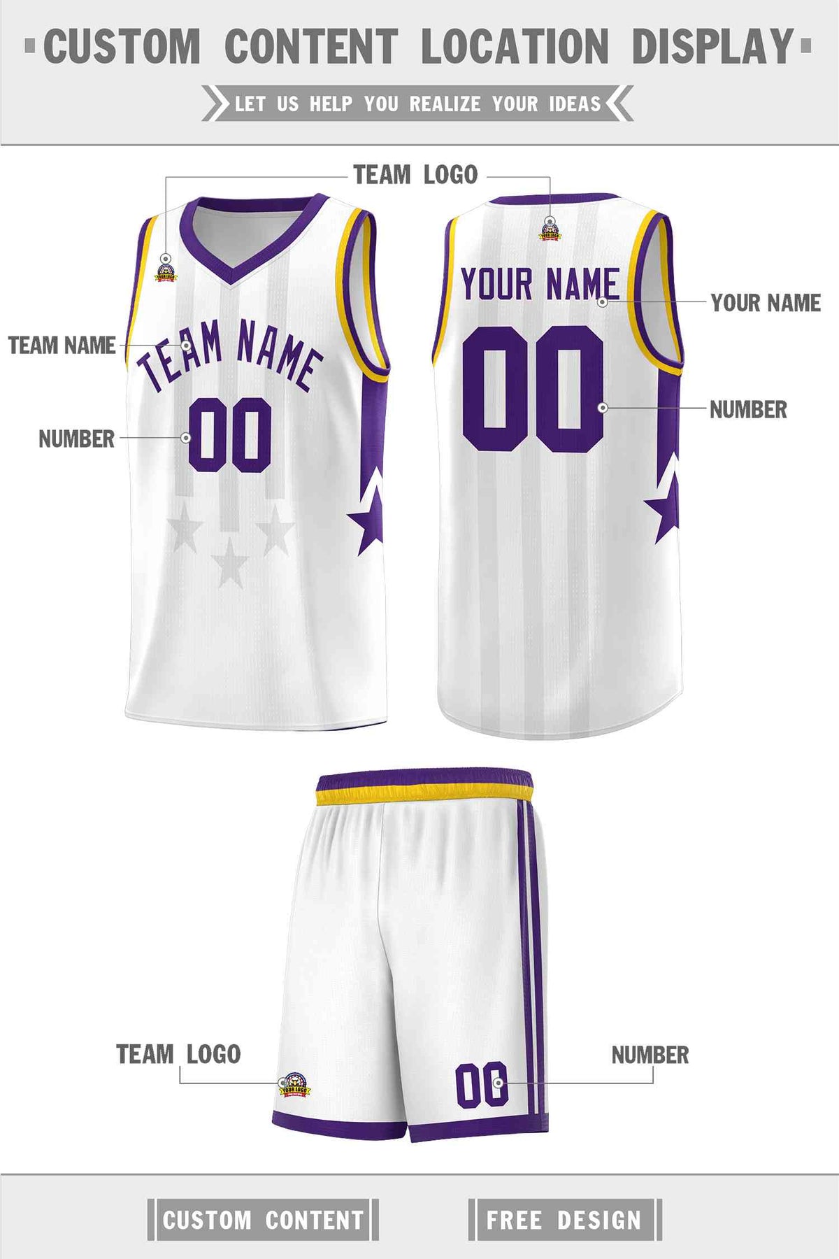 Custom White Purple and Gold Gradient Star Graffiti Pattern Sports Uniform Basketball Jersey