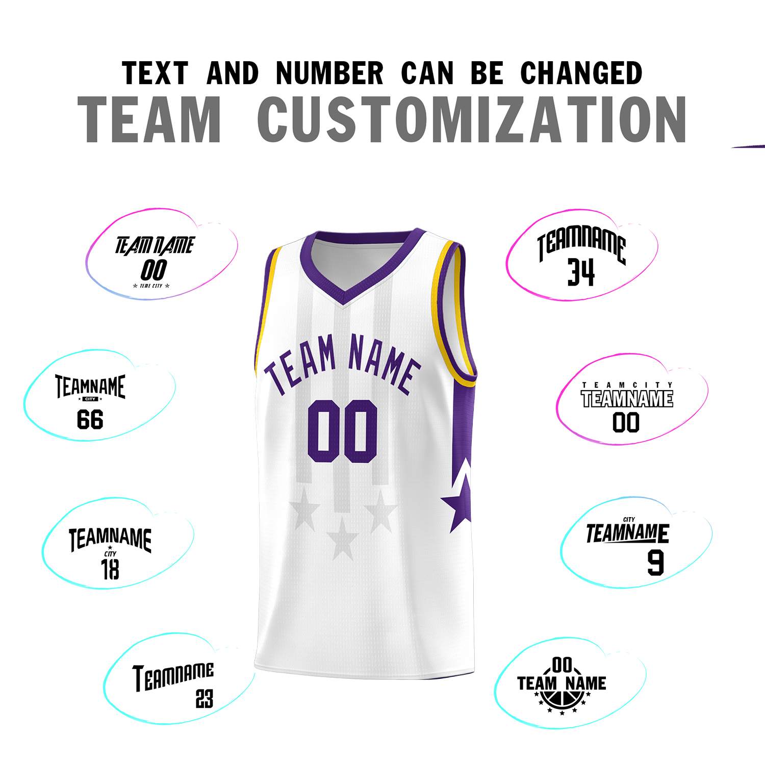 Custom White Purple and Gold Gradient Star Graffiti Pattern Sports Uniform Basketball Jersey