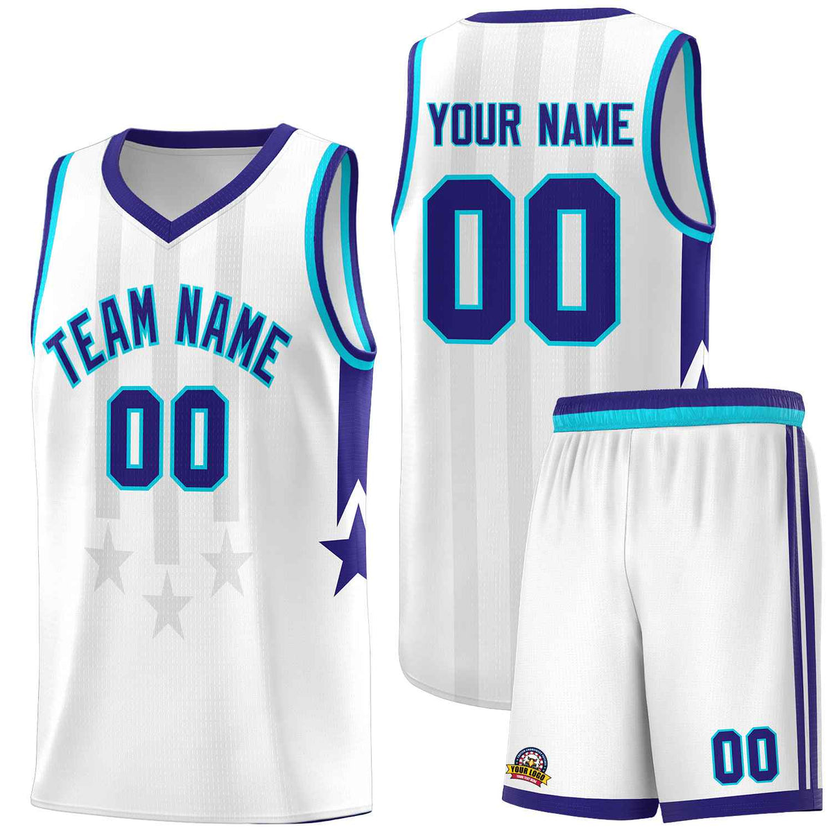 Custom White Purple and Sky Blue Gradient Star Graffiti Pattern Sports Uniform Basketball Jersey