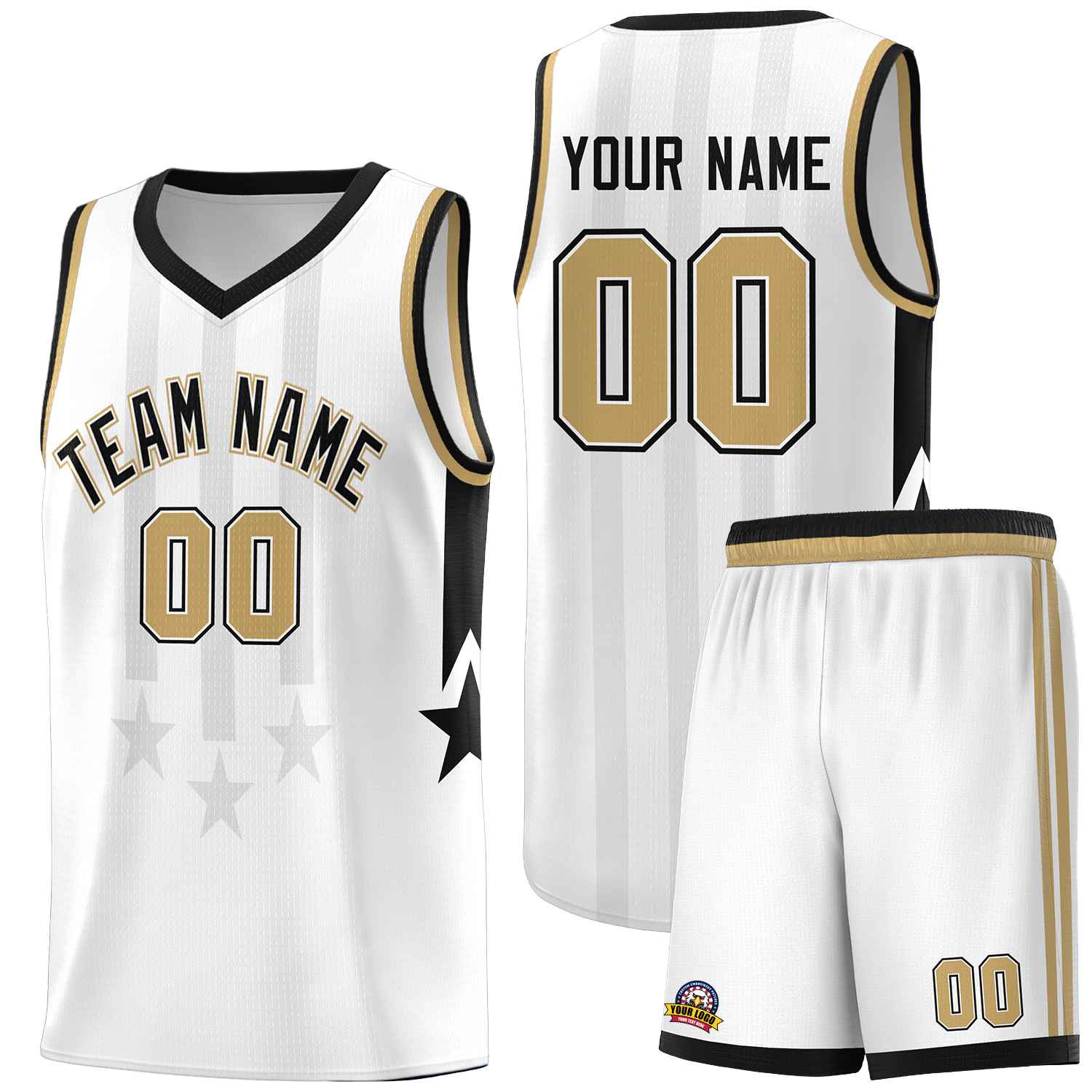 Custom White Black and Old Gold Gradient Star Graffiti Pattern Sports Uniform Basketball Jersey