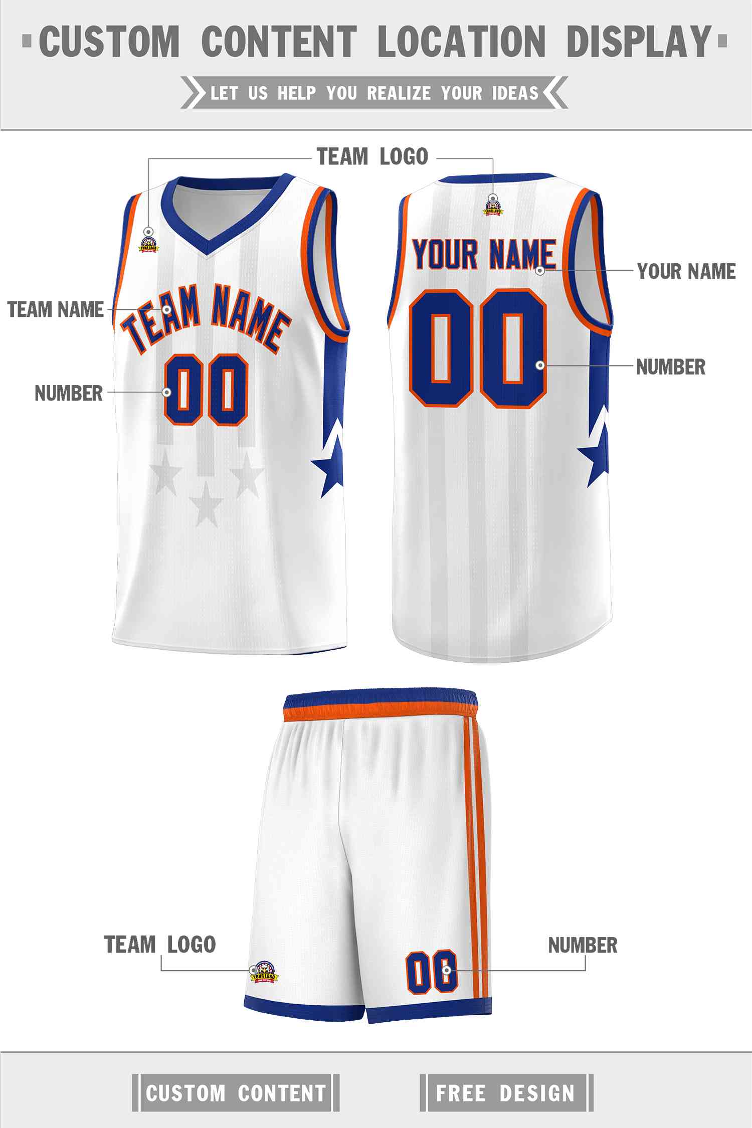 Custom White Royal and Orange Gradient Star Graffiti Pattern Sports Uniform Basketball Jersey