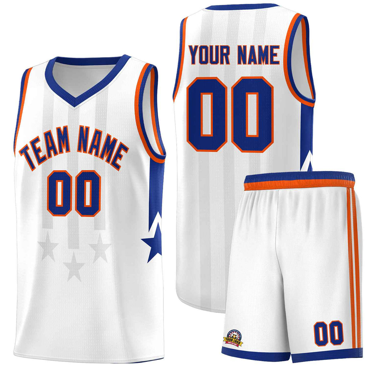 Custom White Royal and Orange Gradient Star Graffiti Pattern Sports Uniform Basketball Jersey