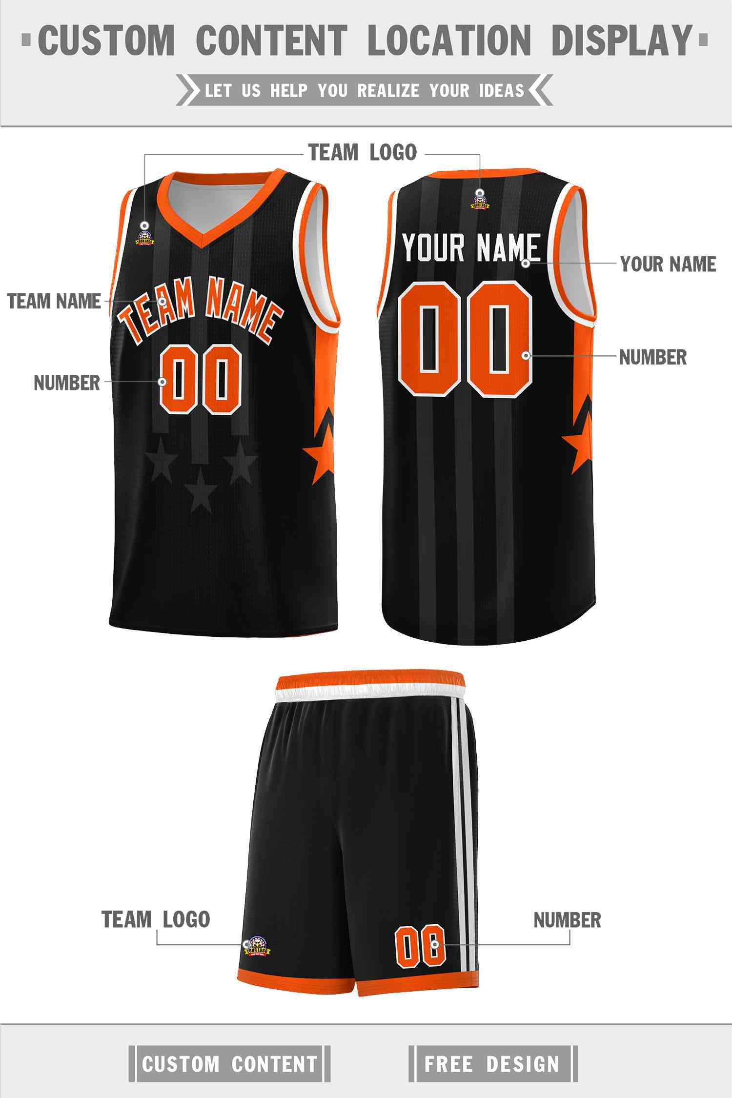 Custom Black Orange and White Gradient Star Graffiti Pattern Sports Uniform Basketball Jersey