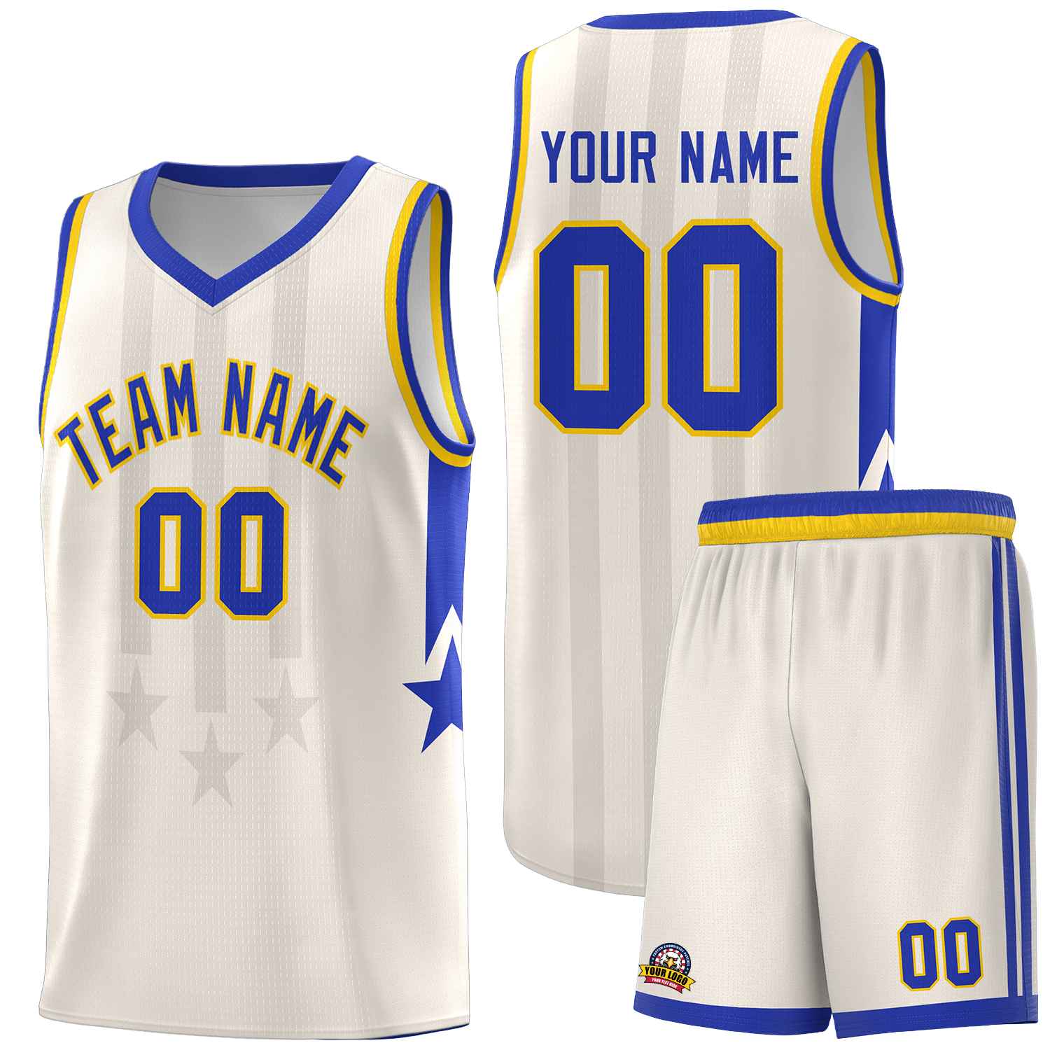 Custom Cream Royal and Gold Gradient Star Graffiti Pattern Sports Uniform Basketball Jersey