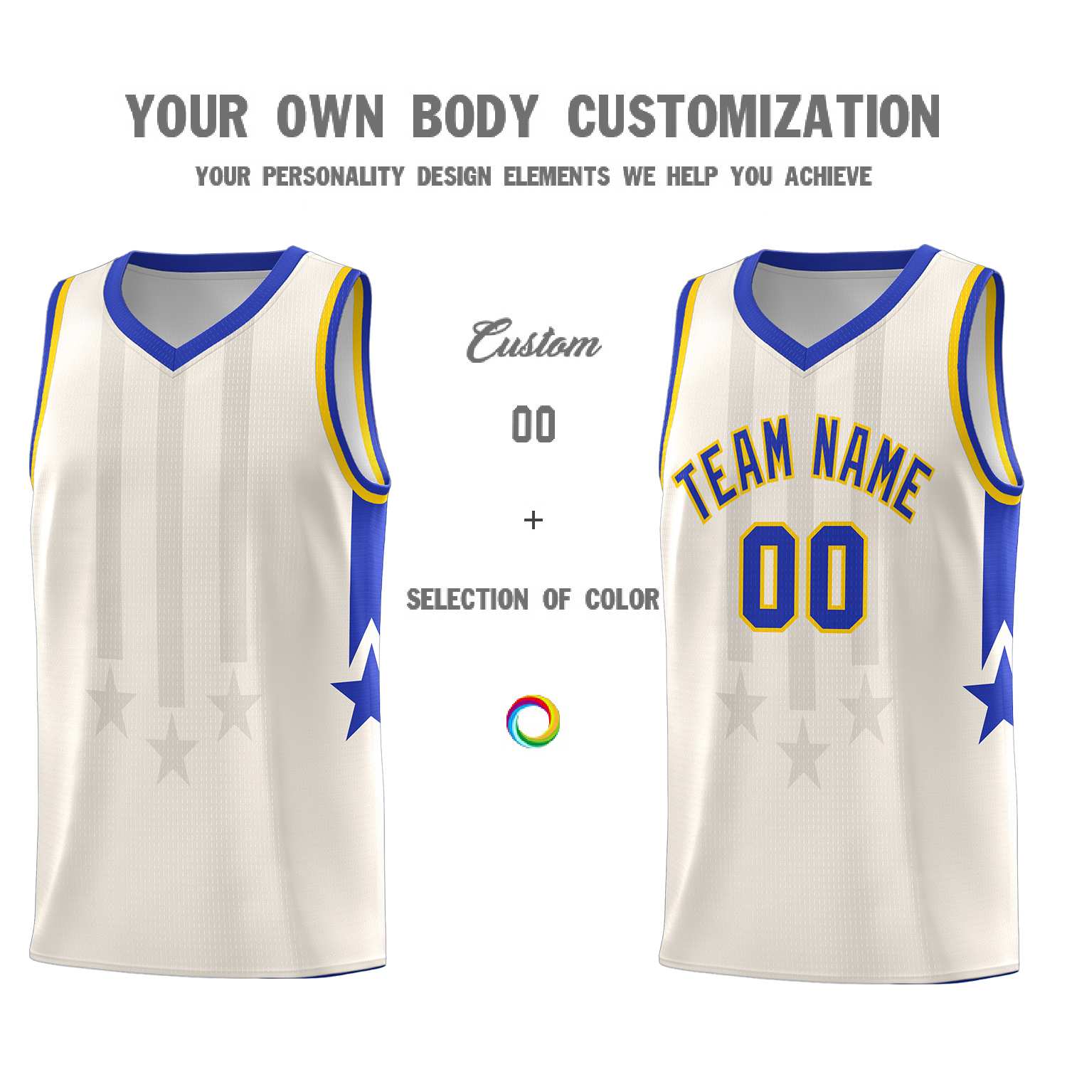 Custom Cream Royal and Gold Gradient Star Graffiti Pattern Sports Uniform Basketball Jersey