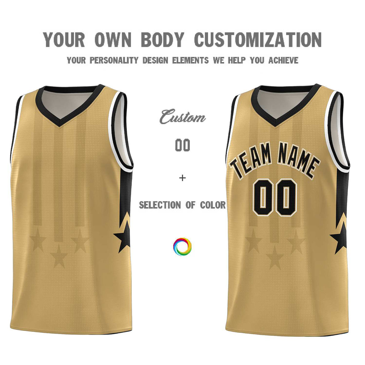 Custom Old Gold Black and White Gradient Star Graffiti Pattern Sports Uniform Basketball Jersey