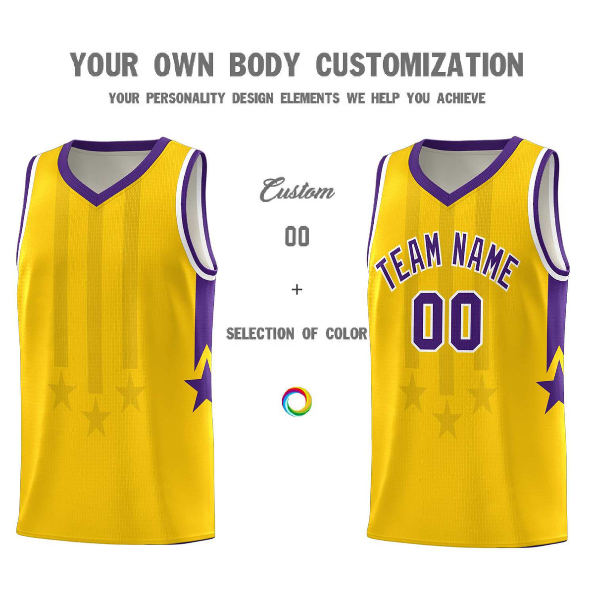 Custom Gold Purple and White Gradient Star Graffiti Pattern Sports Uniform Basketball Jersey