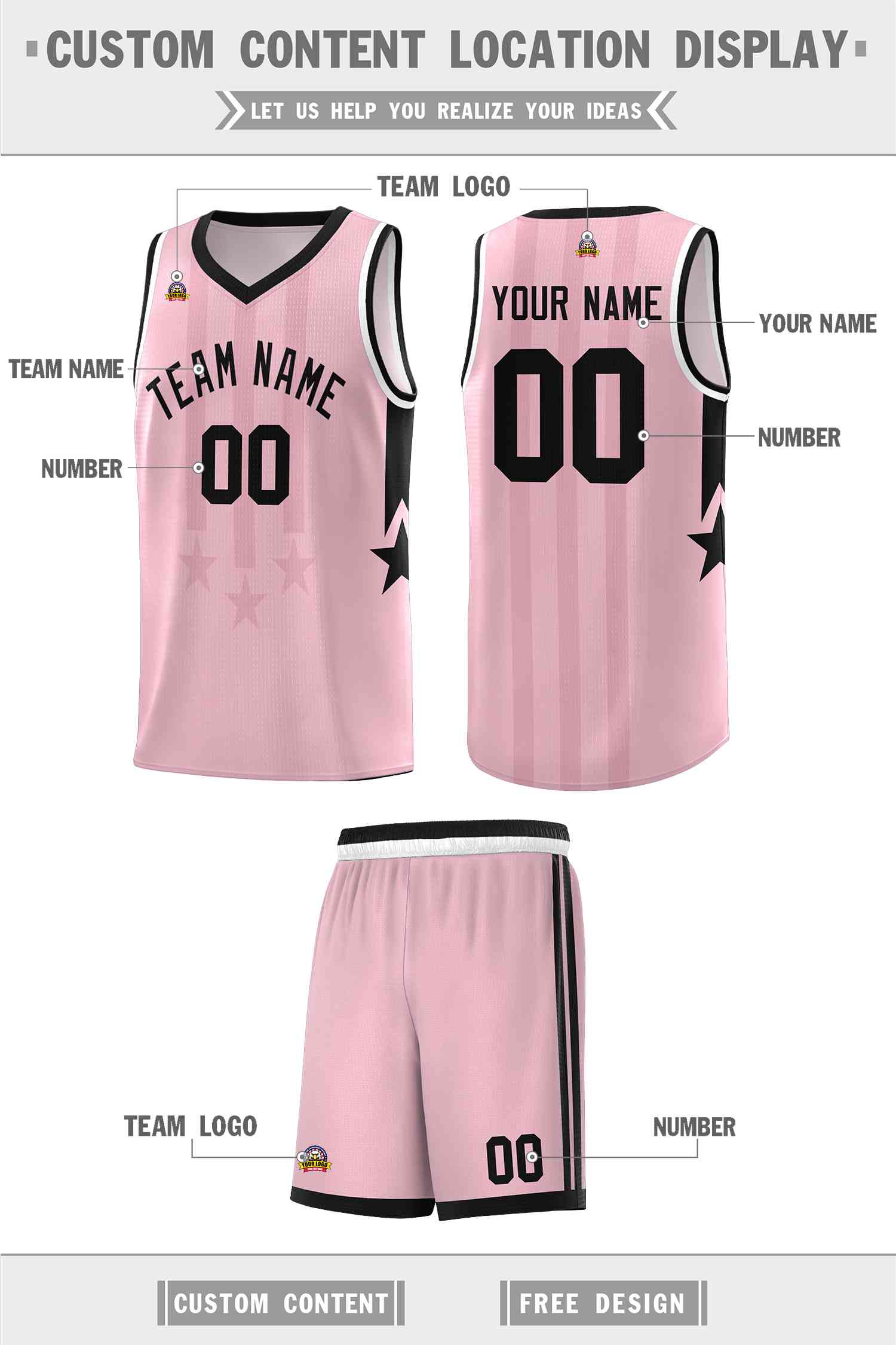 Custom Light Pink Black and White Gradient Star Graffiti Pattern Sports Uniform Basketball Jersey