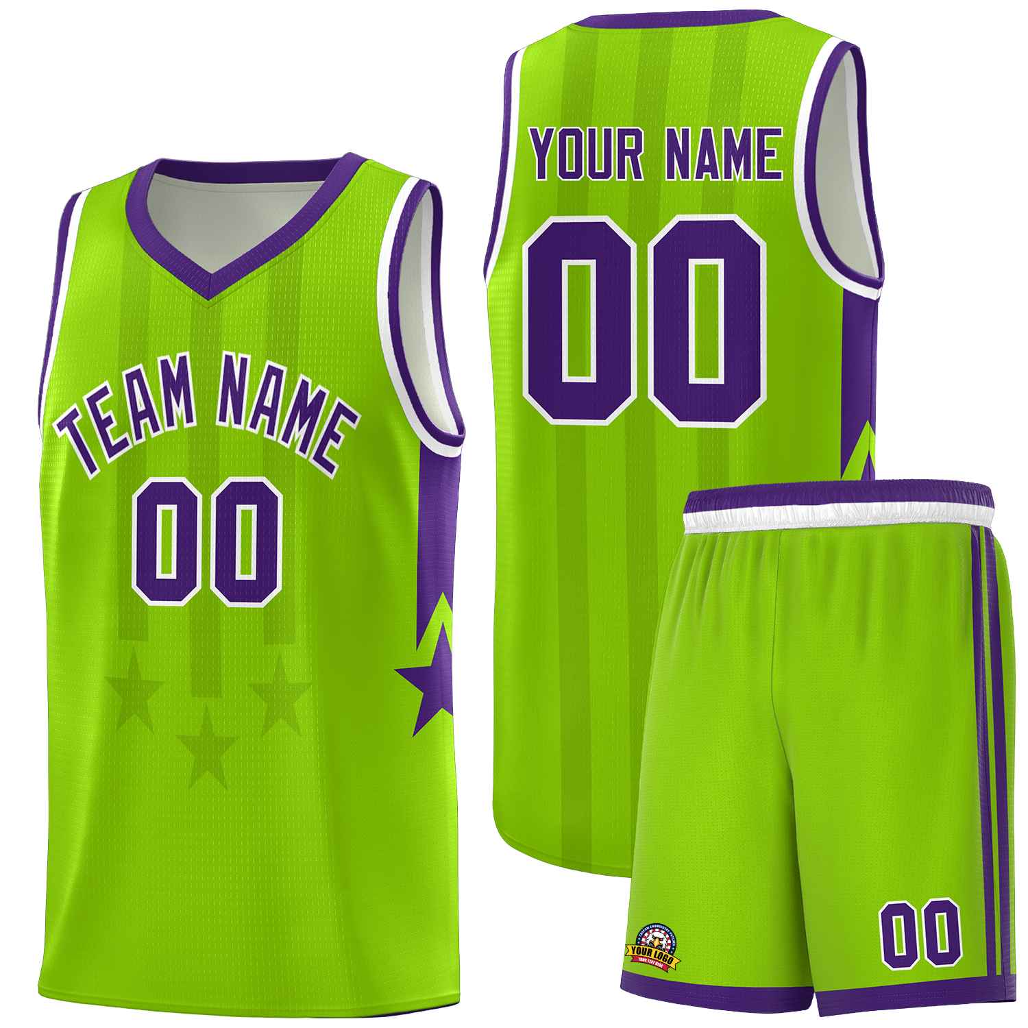 Custom Neon Green Purple and White Gradient Star Graffiti Pattern Sports Uniform Basketball Jersey